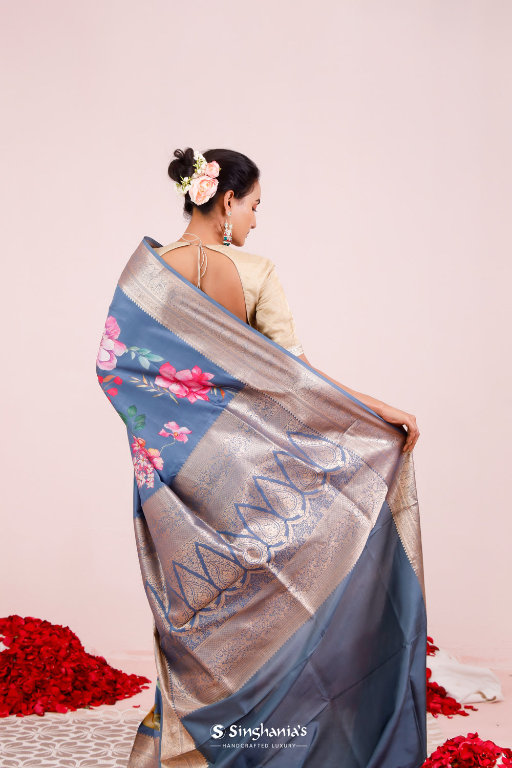 Printed Kanjivaram Silk Saree In Blue Grey