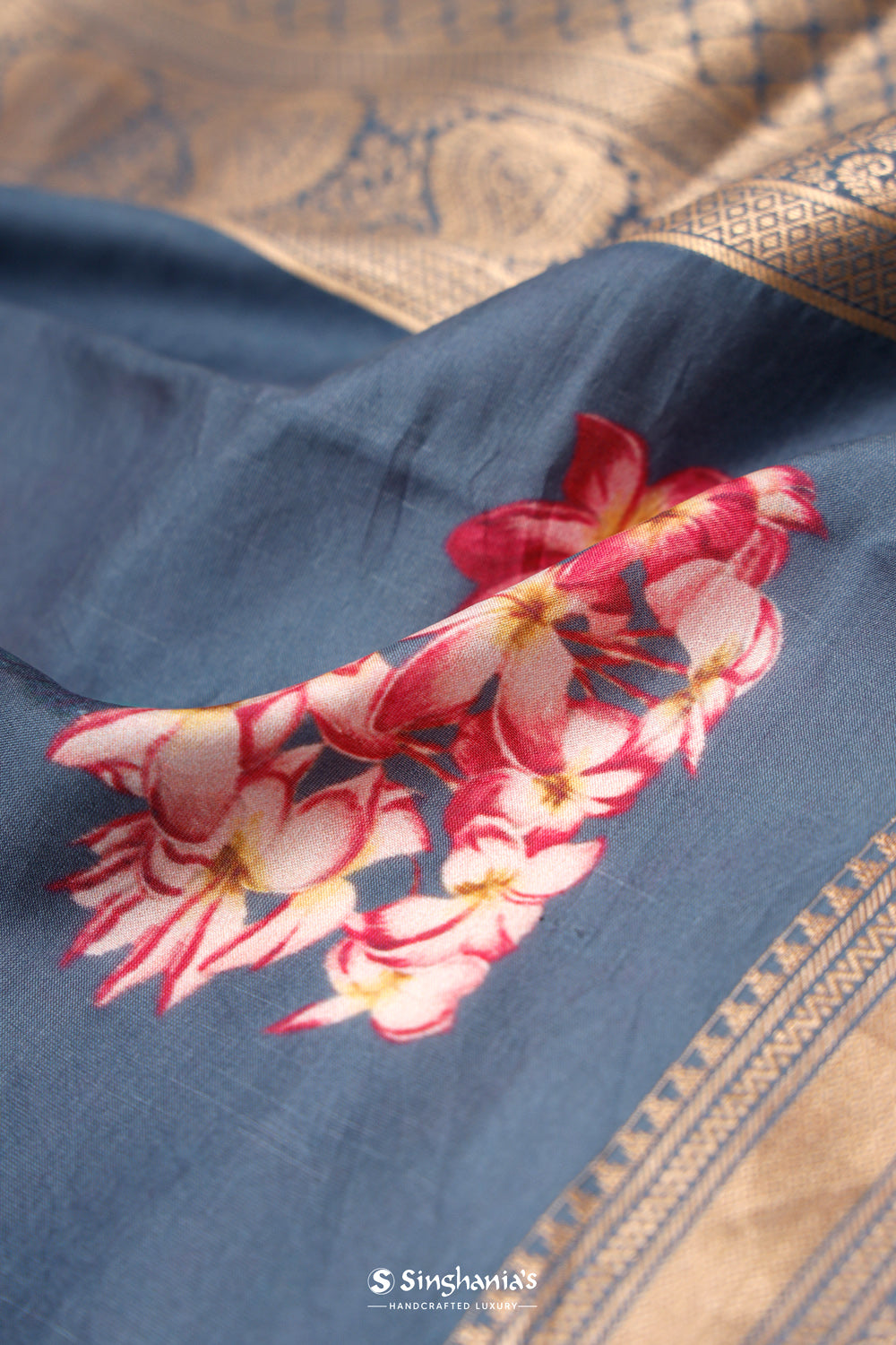 Printed Kanjivaram Silk Saree In Blue Grey