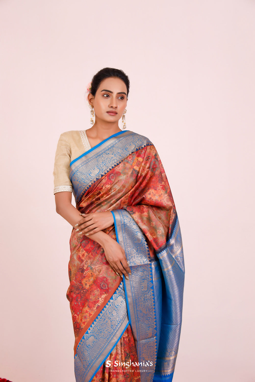 Printed Kanjivaram Silk Saree In Redwood