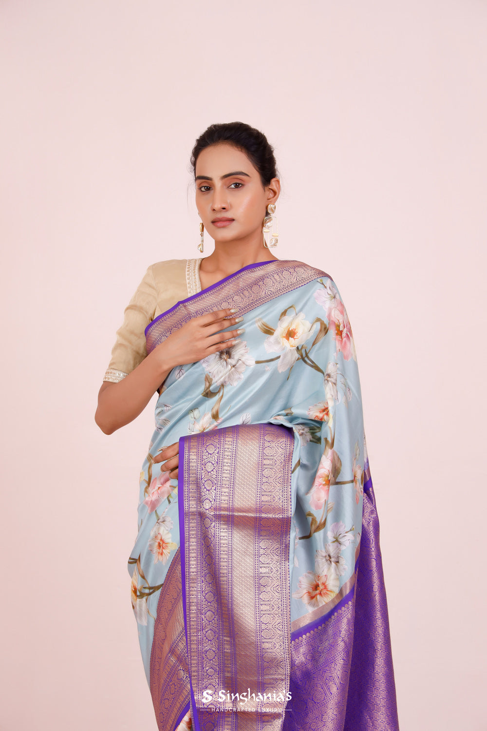 Printed Kanjivaram Silk Saree In Powder Blue