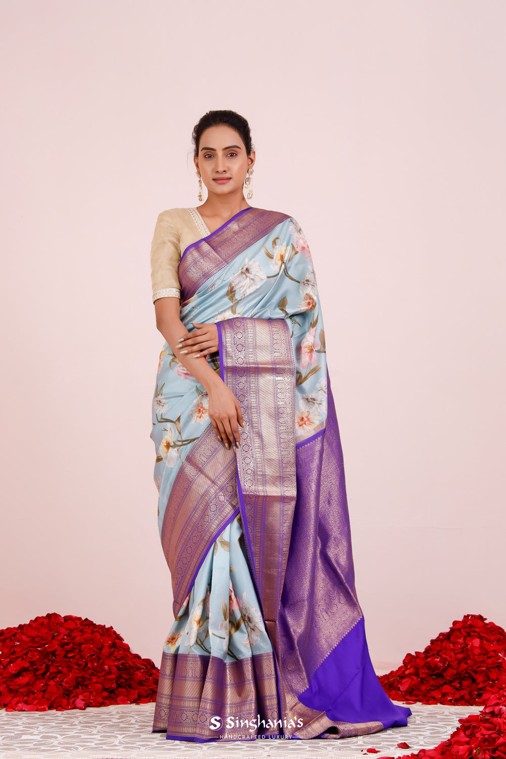 Printed Kanjivaram Silk Saree In Powder Blue