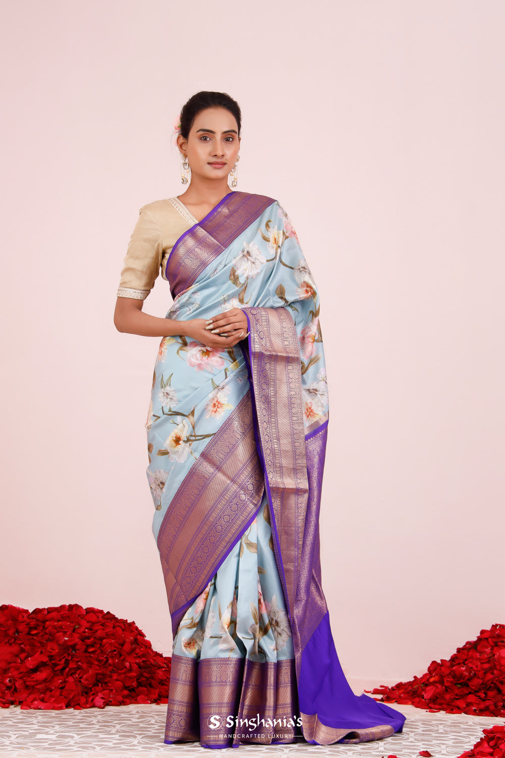 Printed Kanjivaram Silk Saree In Powder Blue