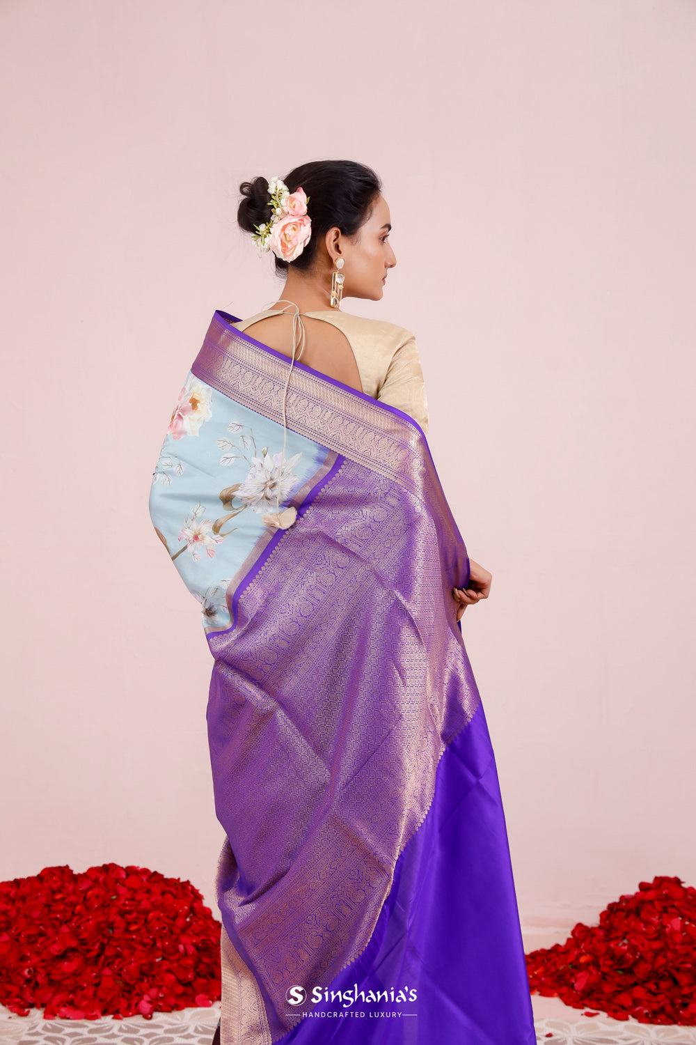 Printed Kanjivaram Silk Saree In Powder Blue