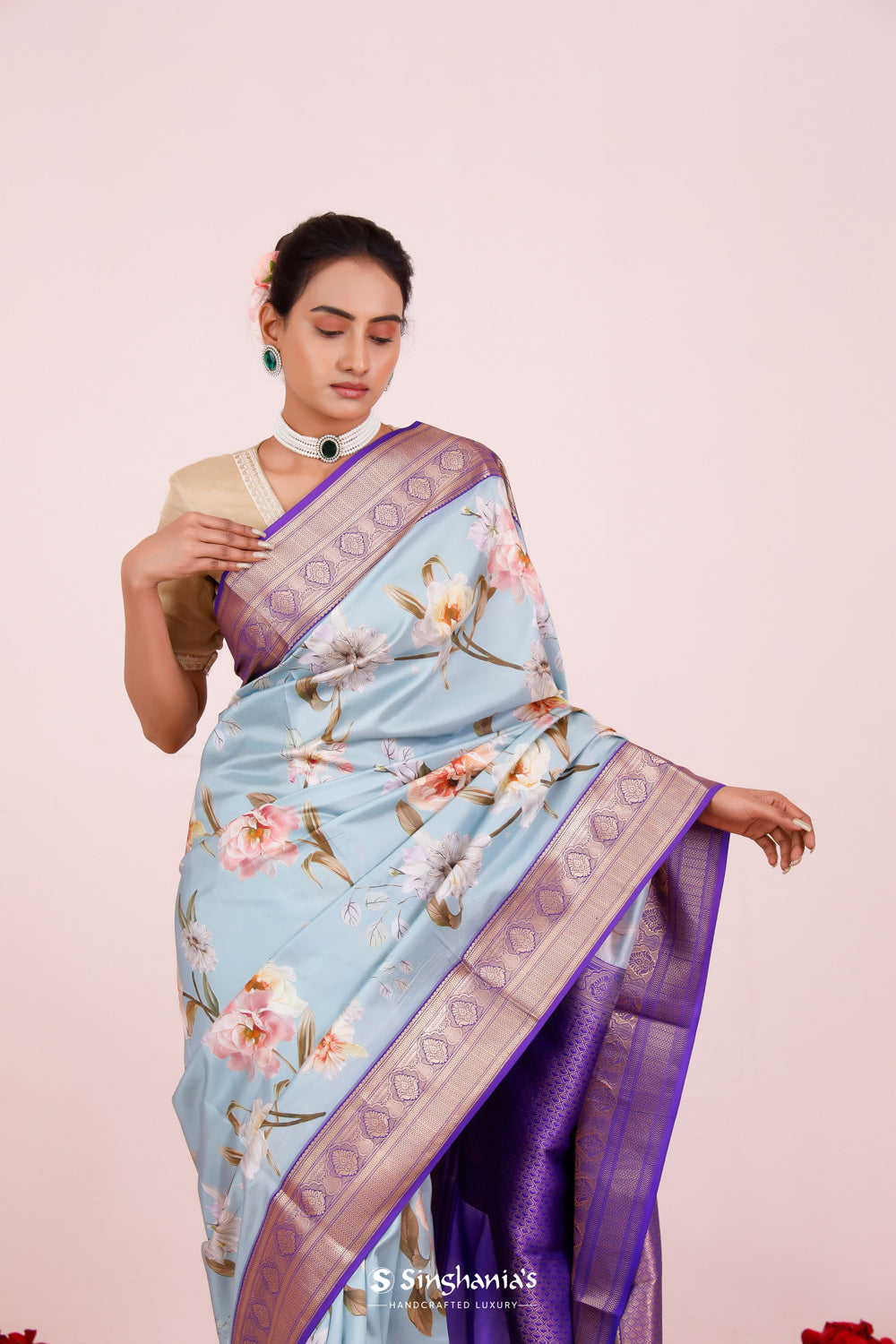 Powder Blue Floral Printed Kanjivaram Silk Saree