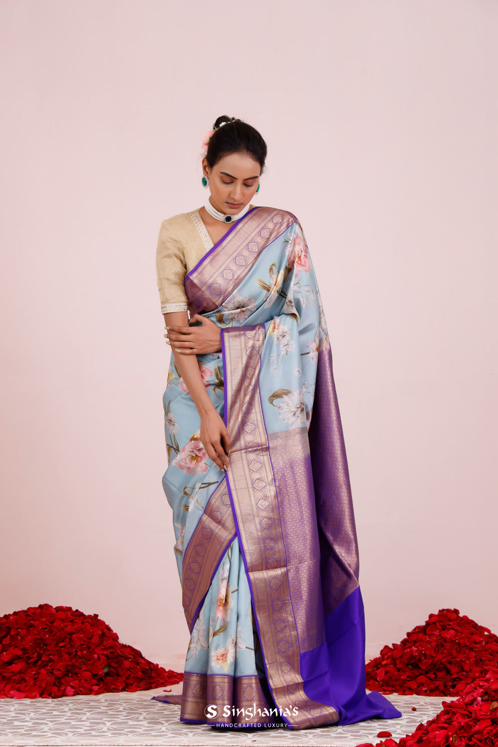 Powder Blue Floral Printed Kanjivaram Silk Saree