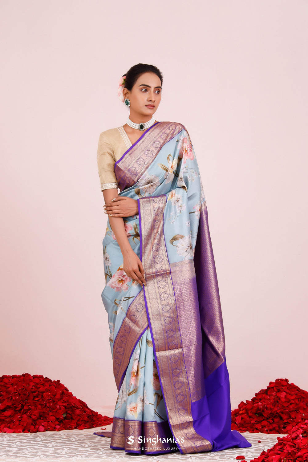 Powder Blue Floral Printed Kanjivaram Silk Saree