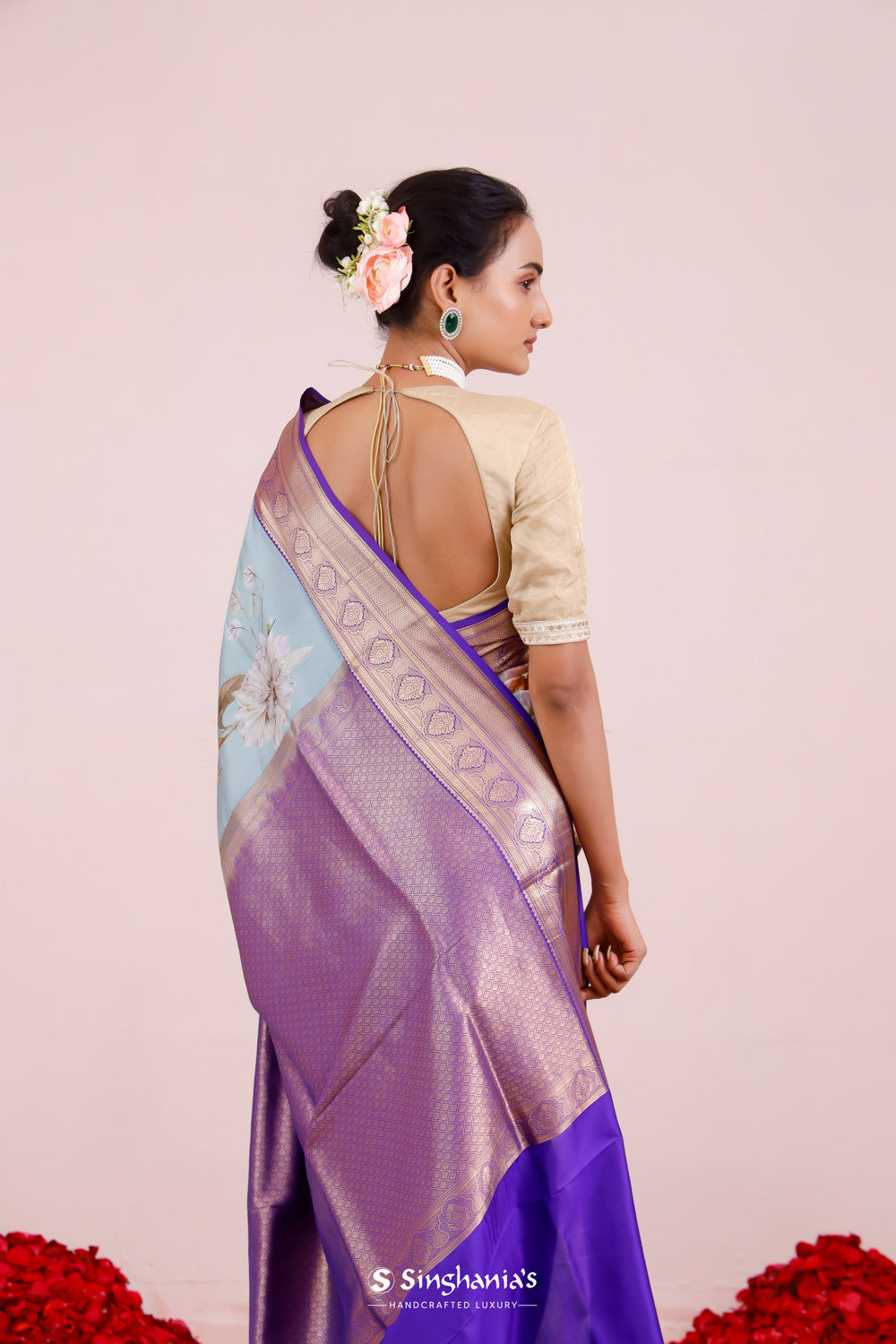 Powder Blue Floral Printed Kanjivaram Silk Saree