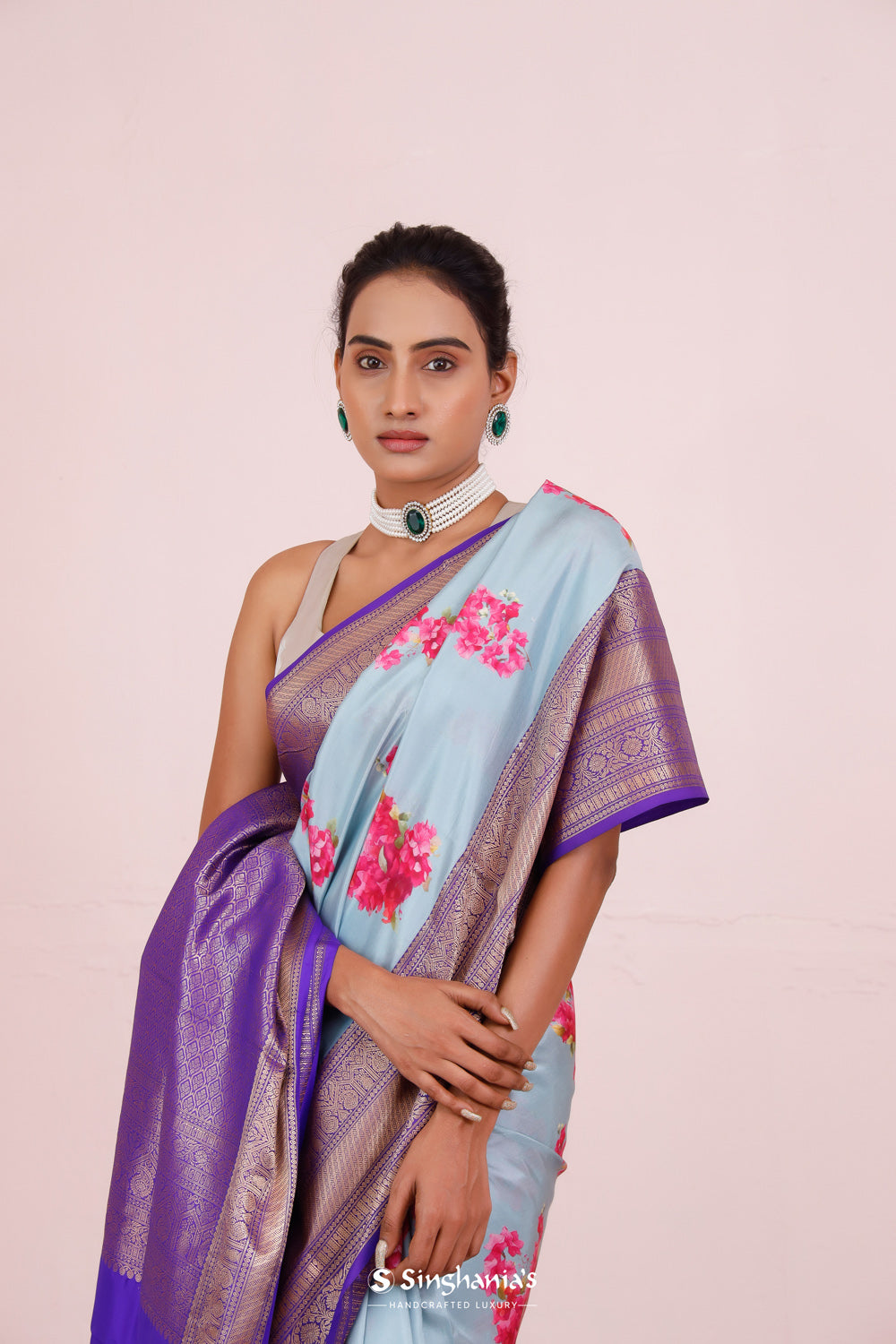 Printed Kanjivaram Silk Saree In Sky Blue