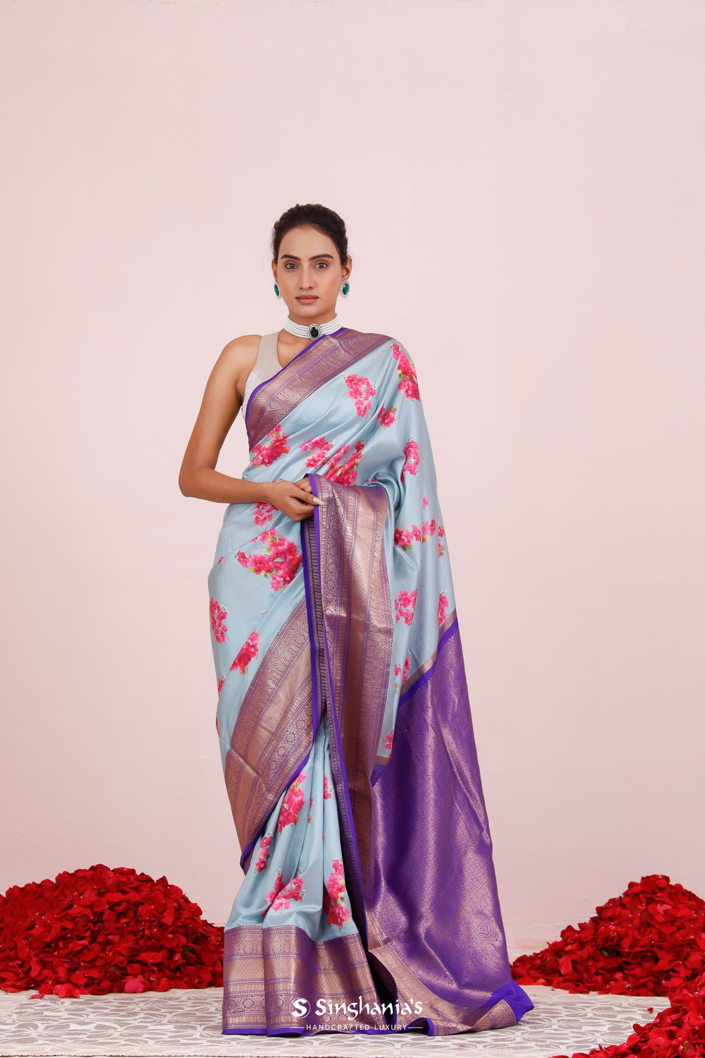 Printed Kanjivaram Silk Saree In Sky Blue