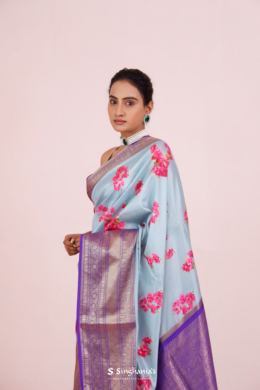 Printed Kanjivaram Silk Saree In Sky Blue