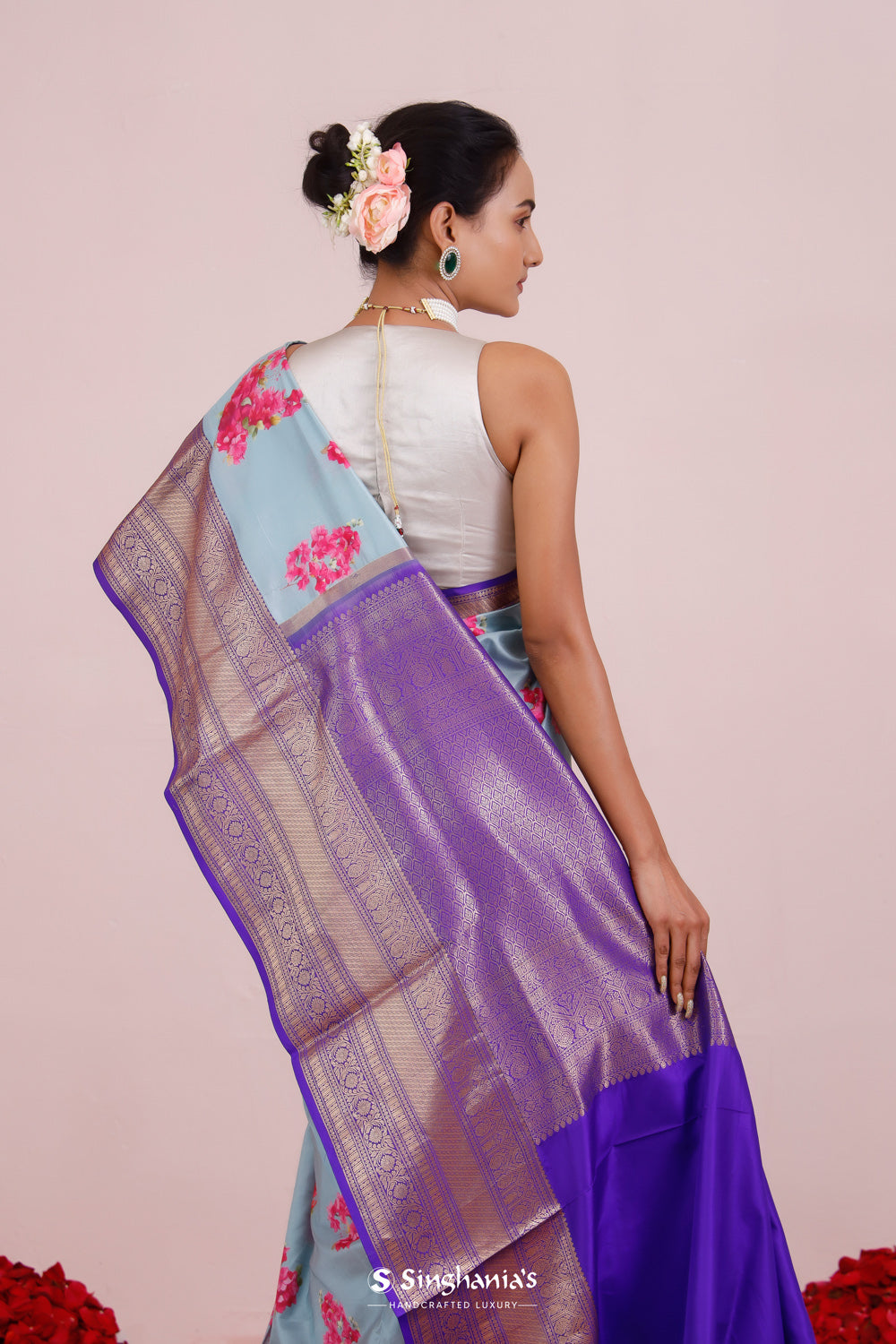 Printed Kanjivaram Silk Saree In Sky Blue