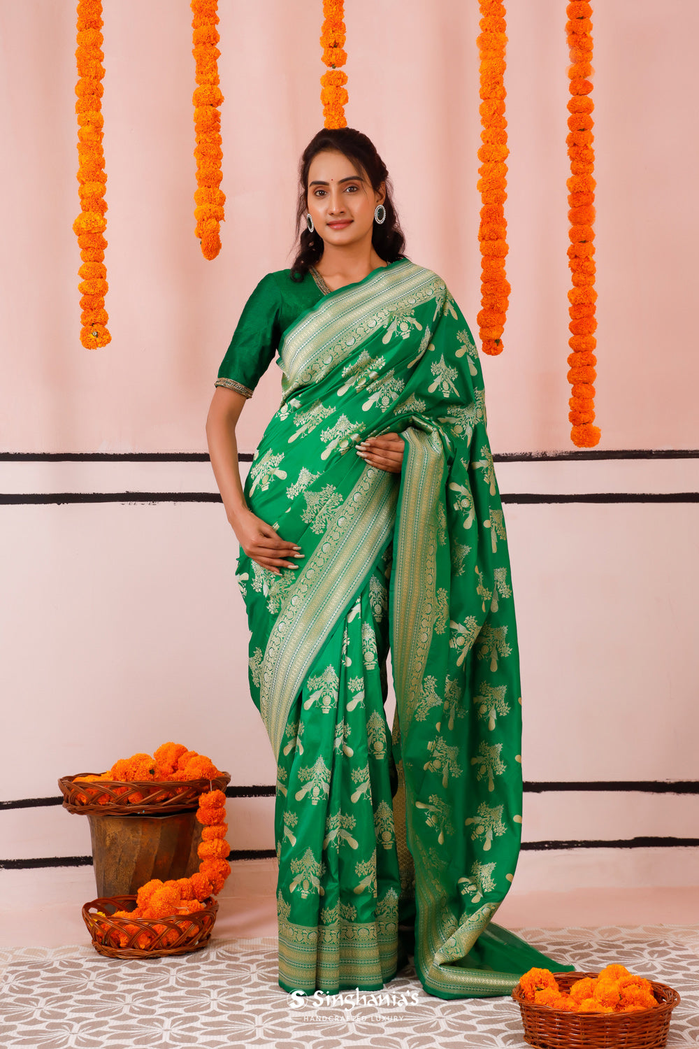 Irish Green Banarasi Silk Saree With Floral-Bird Weaving