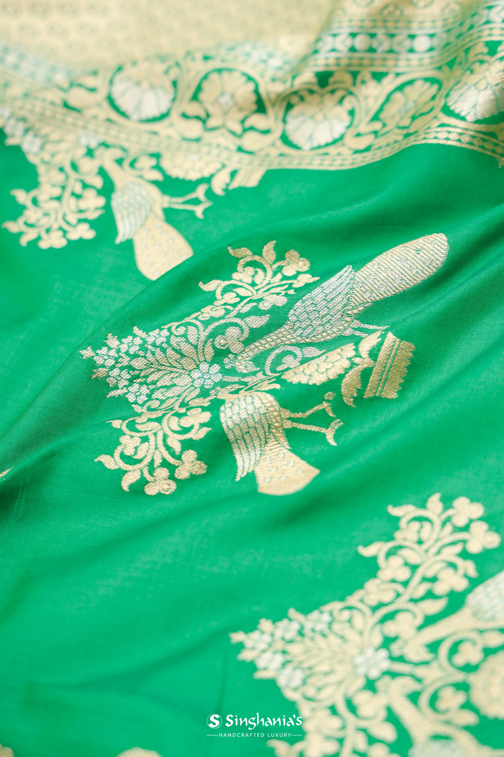 Irish Green Banarasi Silk Saree With Floral-Bird Weaving