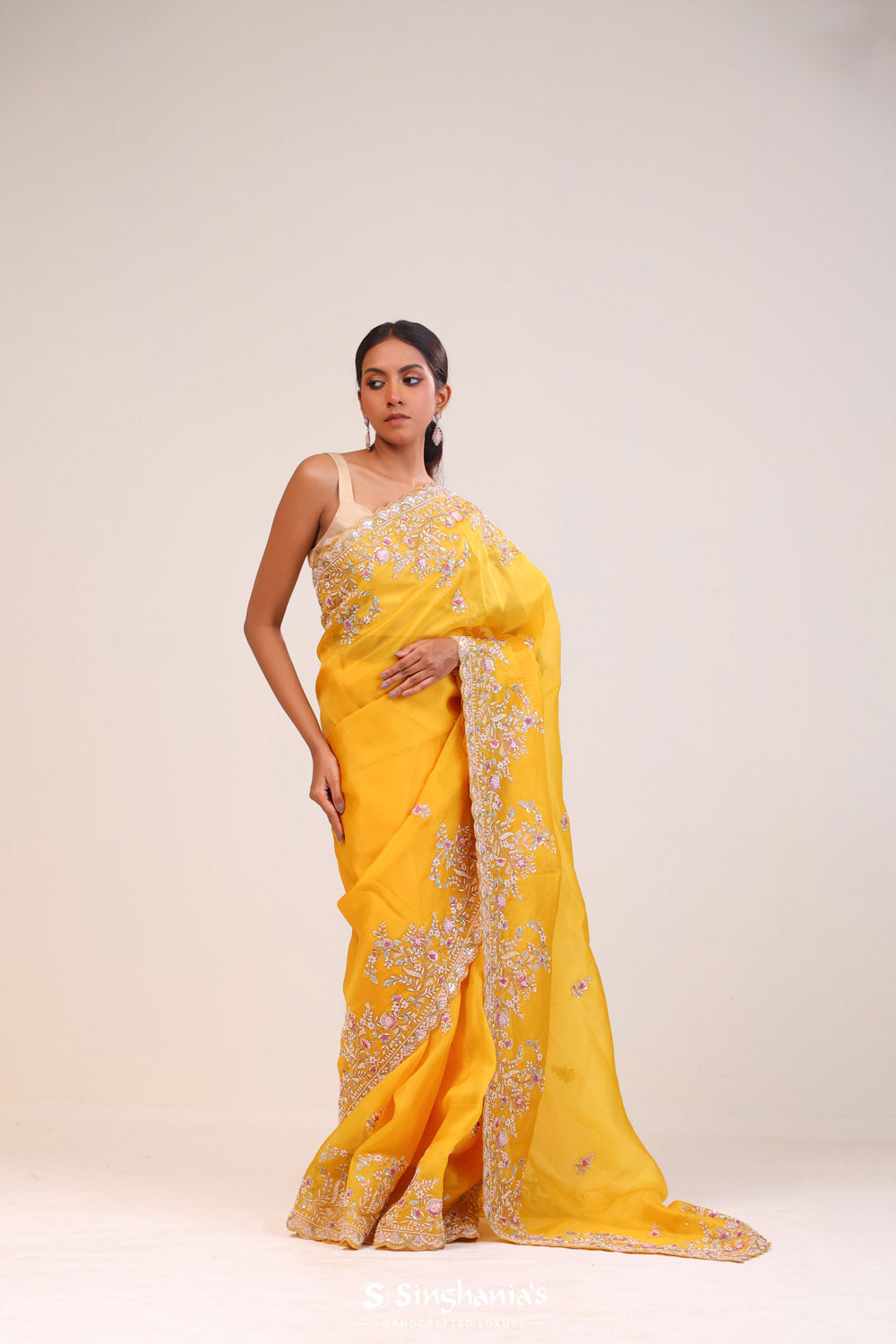 Royal Yellow Organza Handcrafted Saree