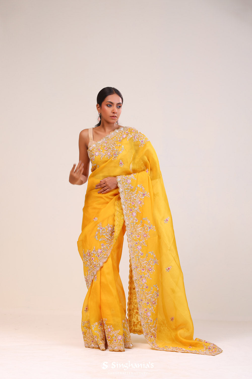 Royal Yellow Organza Handcrafted Saree