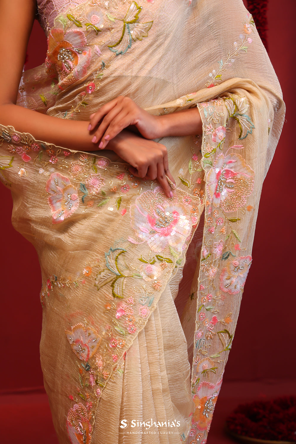 Flax Yellow Crushed Tissue Handcrafted Saree