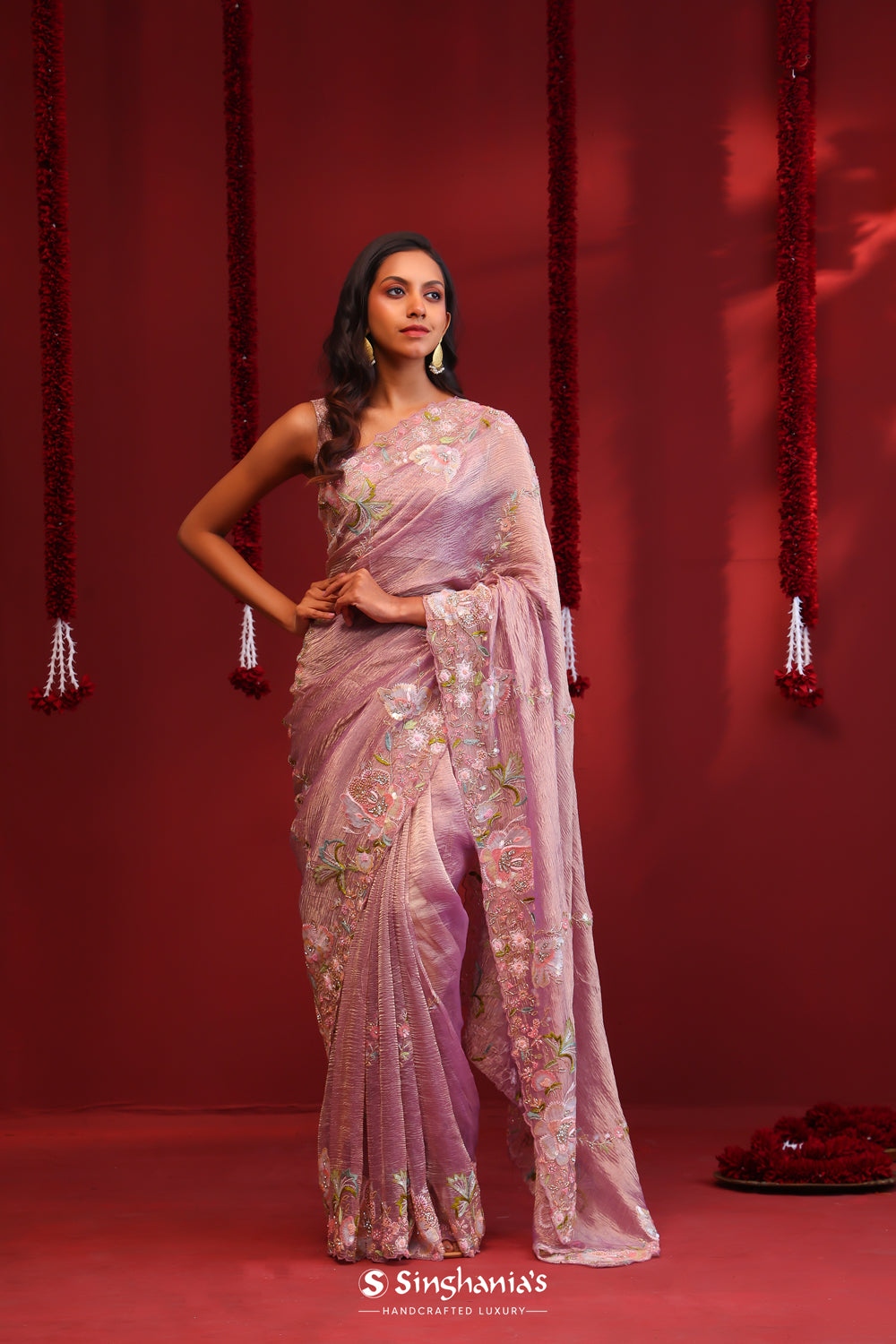 Pearly Purple Crushed Tissue Embroidery Saree