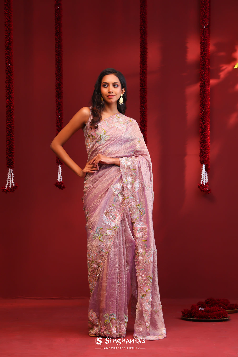 Pearly Purple Crushed Tissue Embroidery Saree