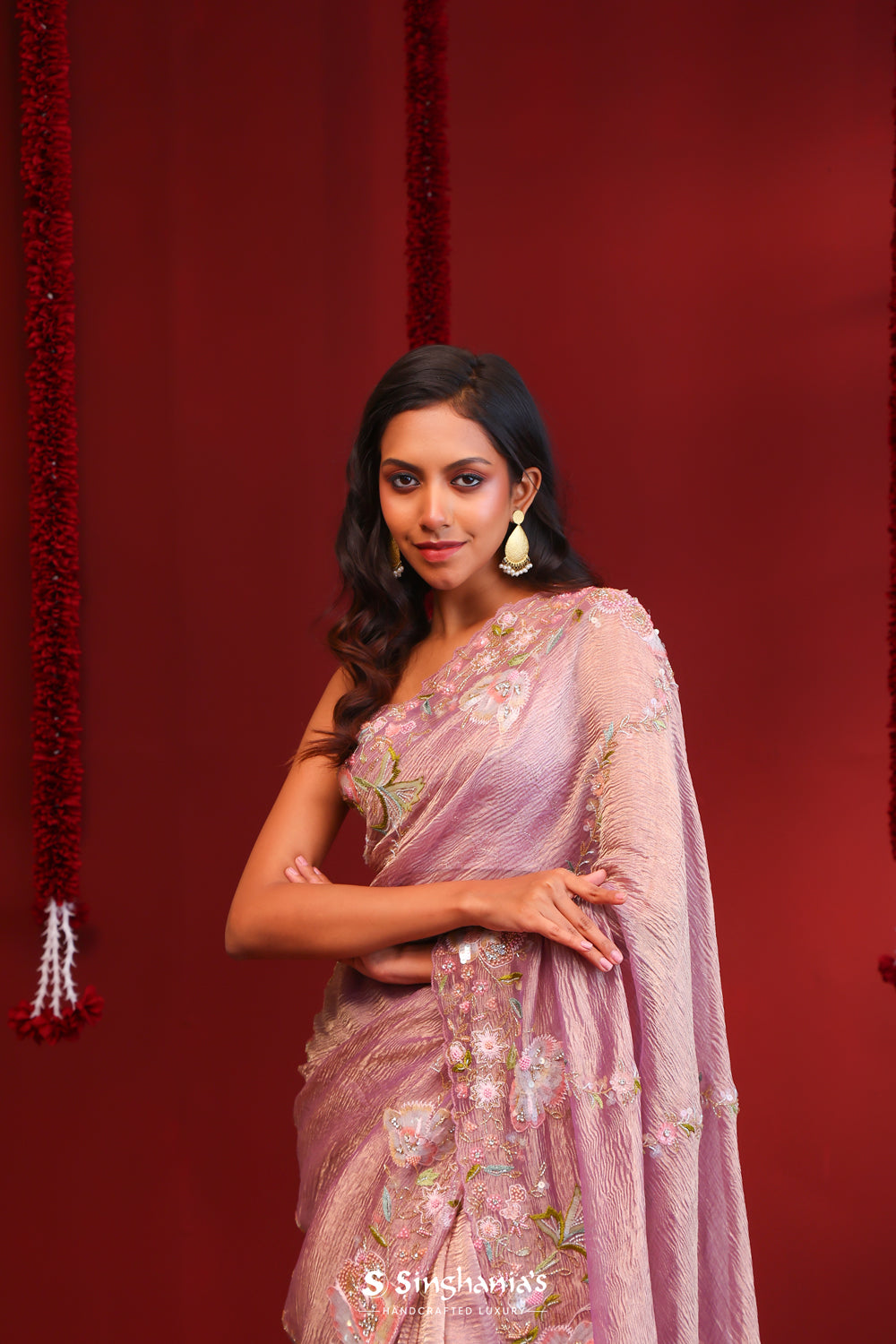 Pearly Purple Crushed Tissue Embroidery Saree