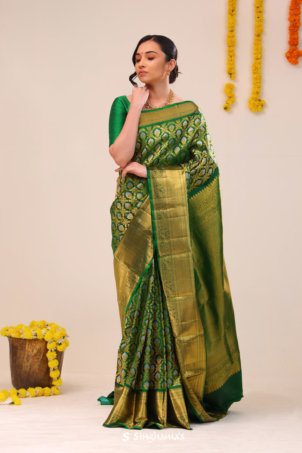 Dark Green Jaal Kanjivaram Silk Saree