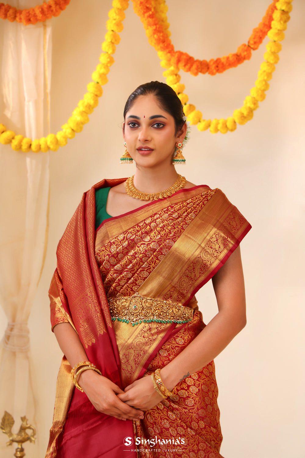 Crimson Red Kanjivaram Silk Saree With Floral Jaal Weaving