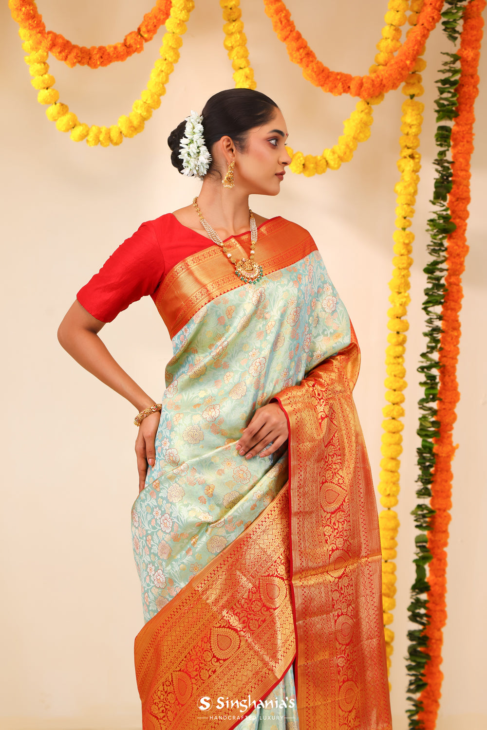 Powder Blue Tissue Kanjivaram Saree With Floral Jaal Weaving