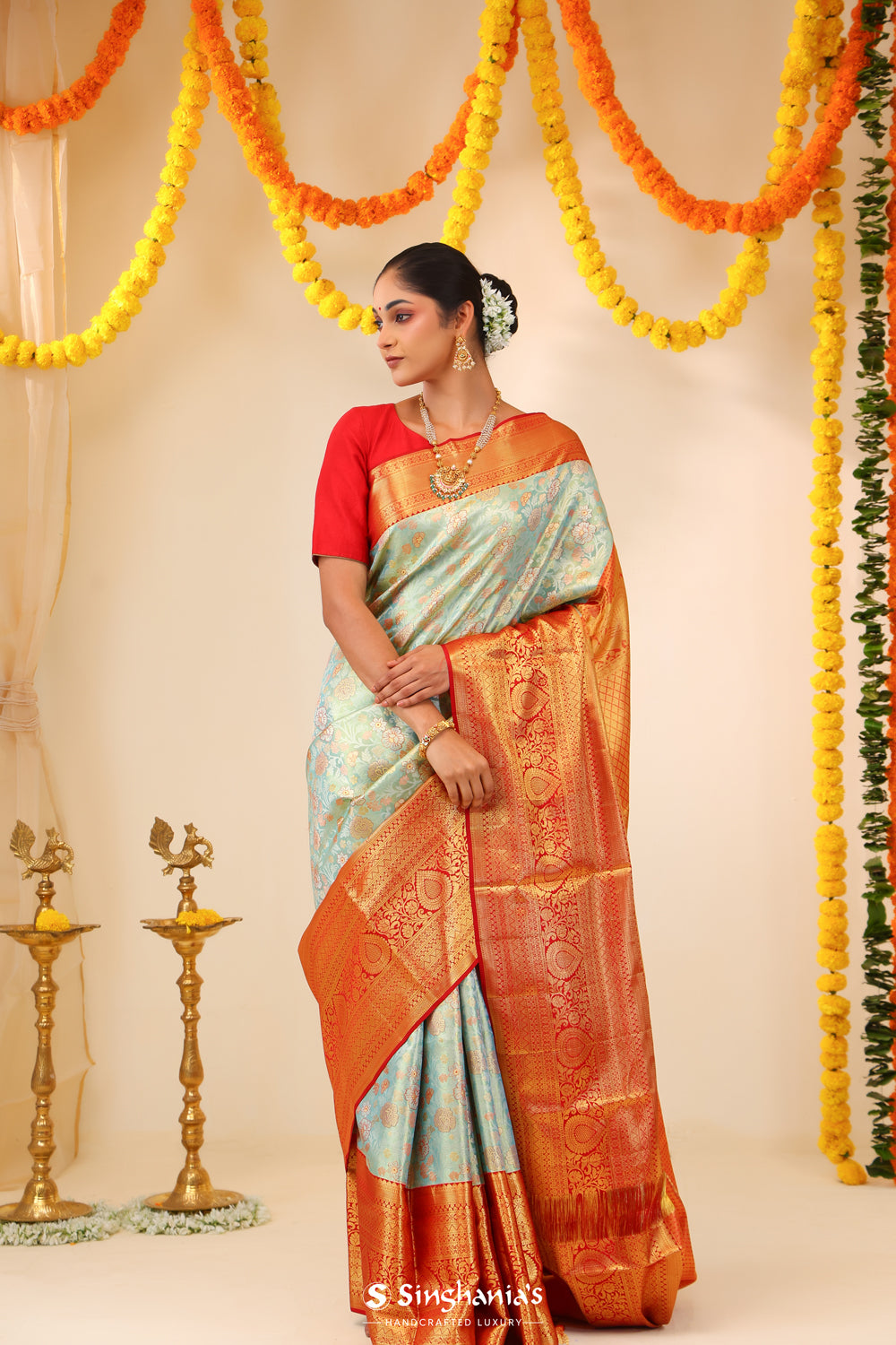 Powder Blue Tissue Kanjivaram Saree With Floral Jaal Weaving