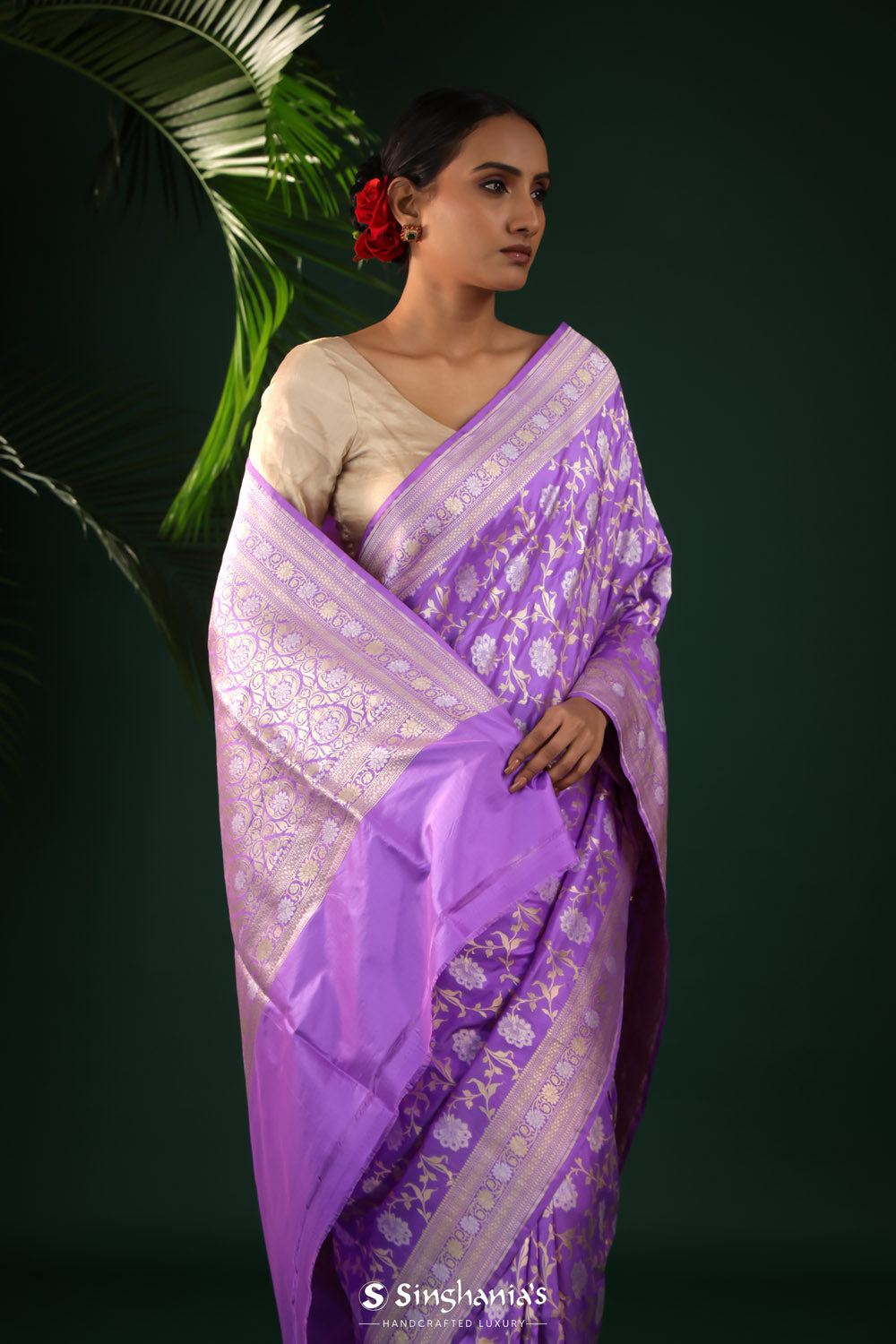 Dark Violet Banarasi Silk Saree With Floral Zari Jaal Weaving