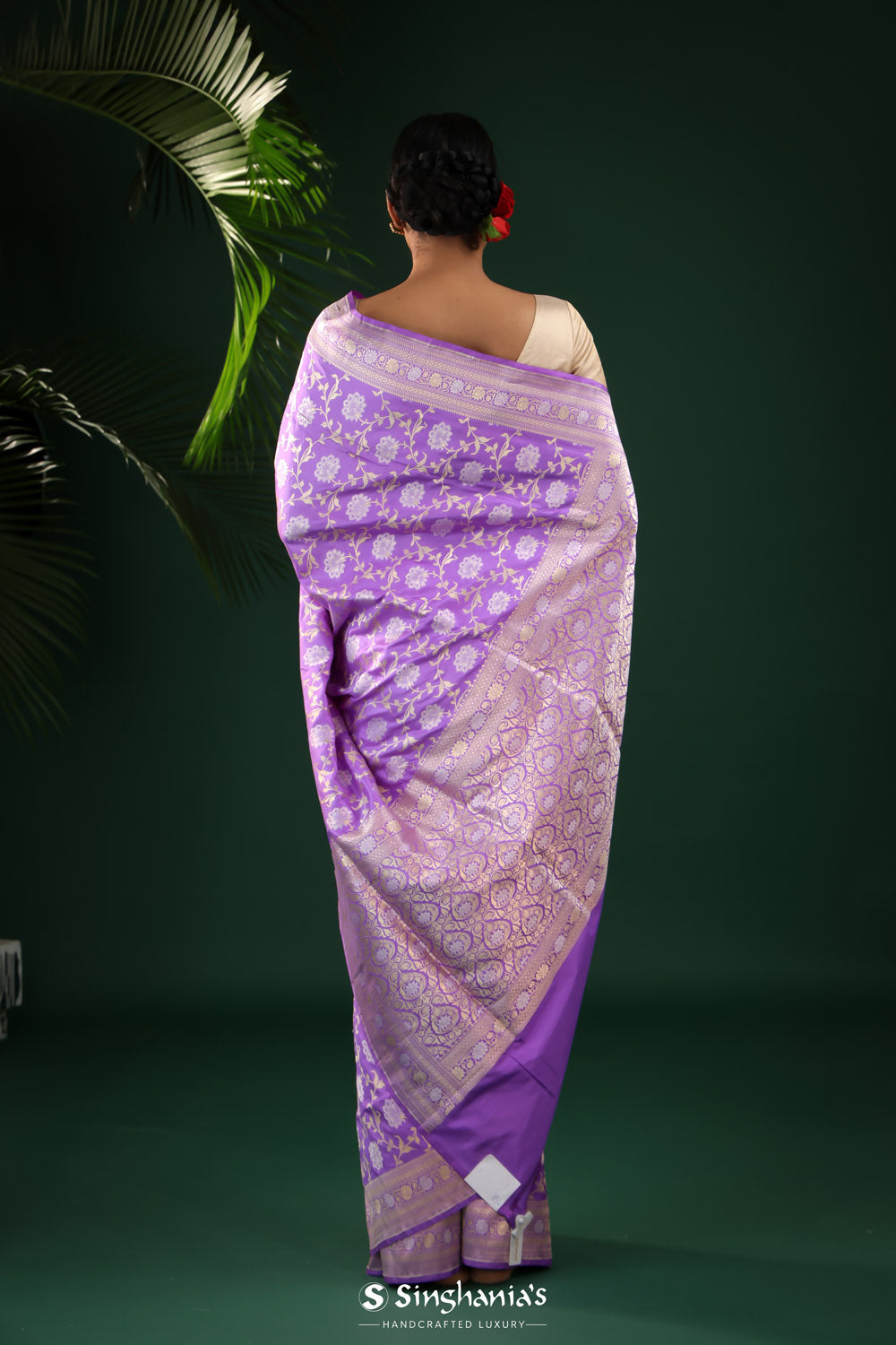 Dark Violet Banarasi Silk Saree With Floral Zari Jaal Weaving