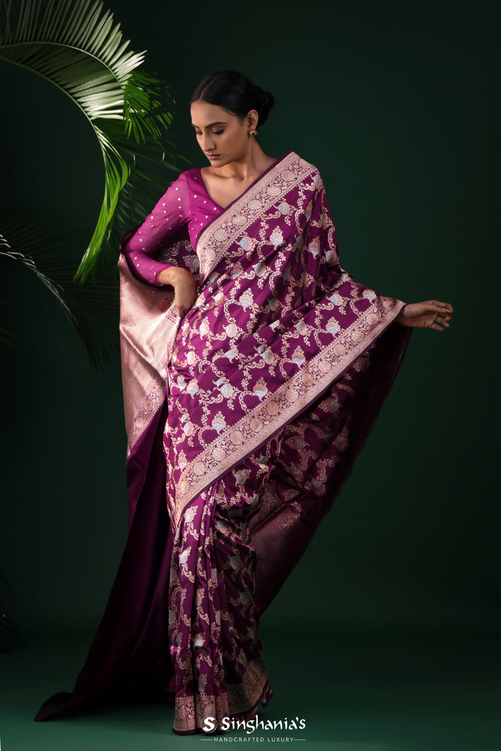 Pompadour Purple Banarasi Silk Saree With Zari Work