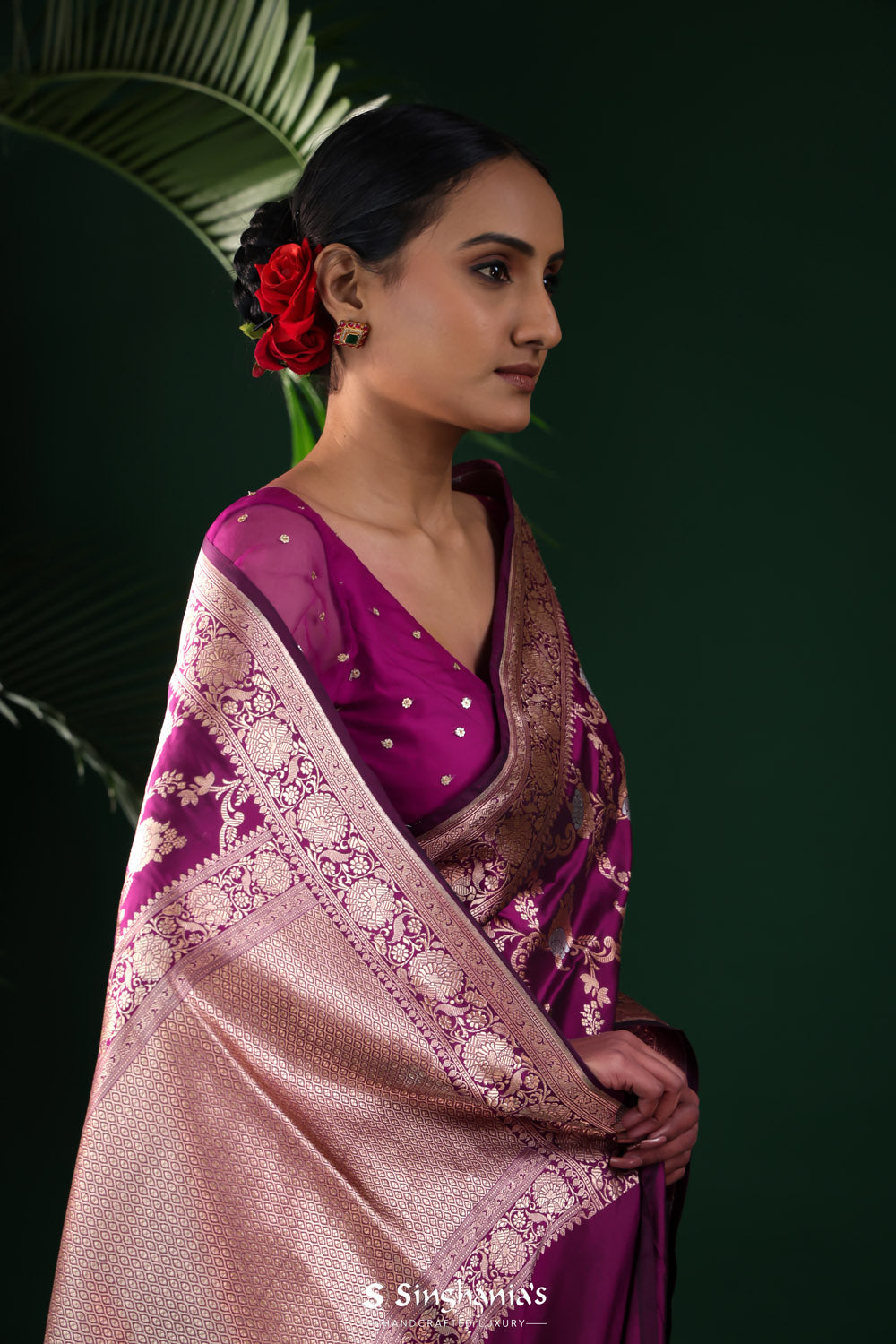 Pompadour Purple Banarasi Silk Saree With Zari Work