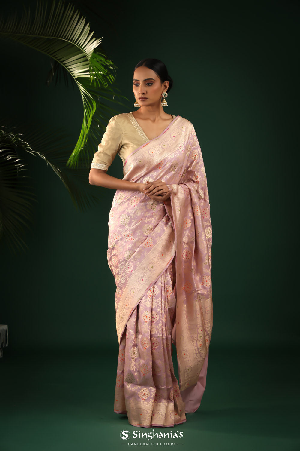 Pastel Purple Banarasi Silk Saree With Floral Detailing