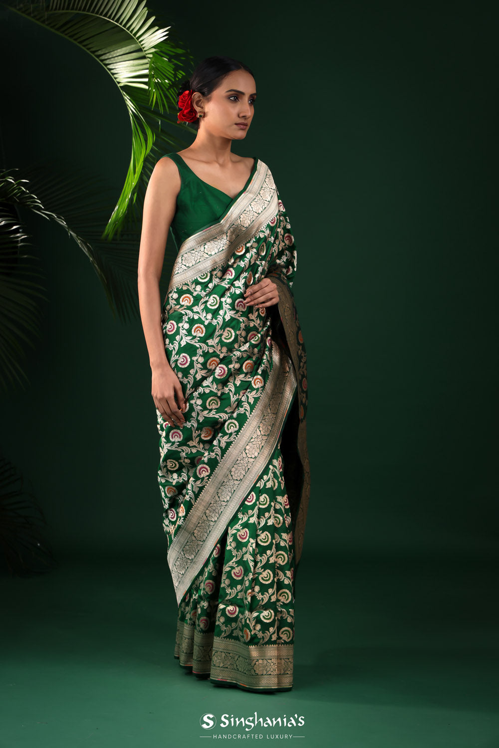 Bottle Green Banarasi Silk Saree With Floral Weaving