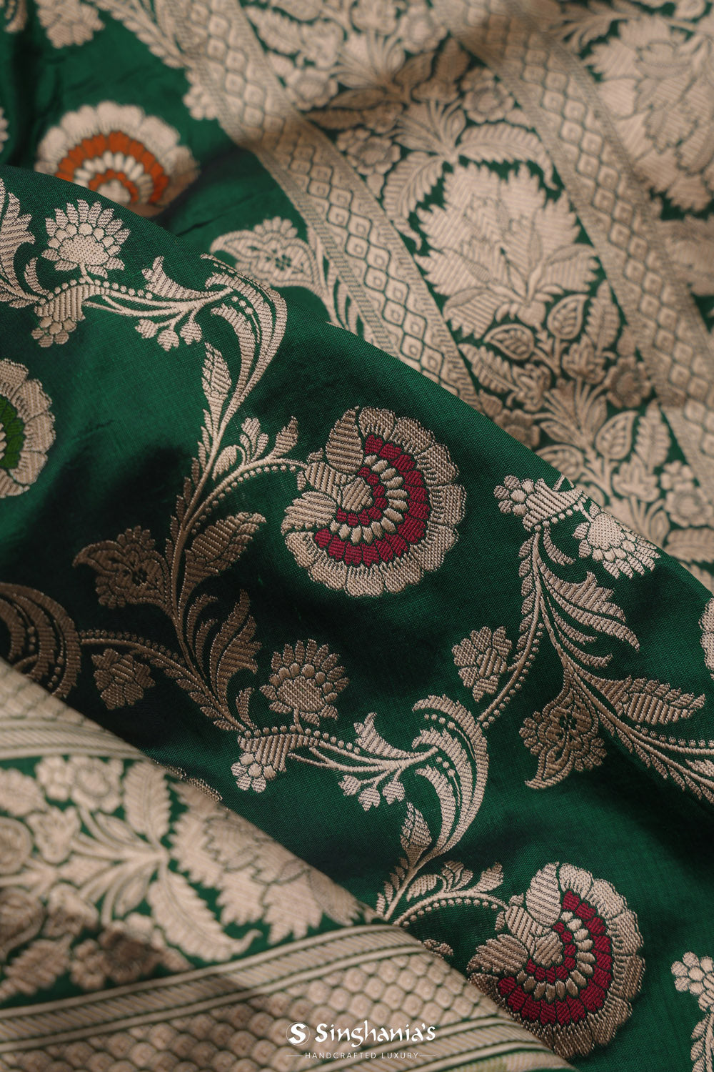 Bottle Green Banarasi Silk Saree With Floral Weaving