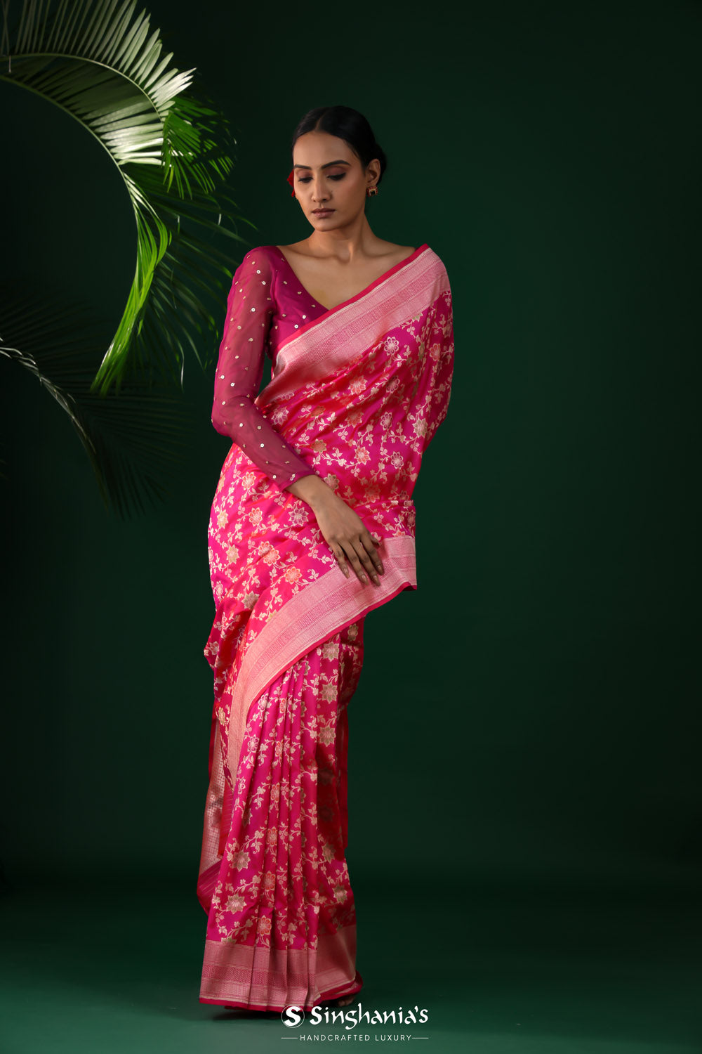 Hot Pink Banarasi Silk Saree With Vibrant Meenakari Jaal