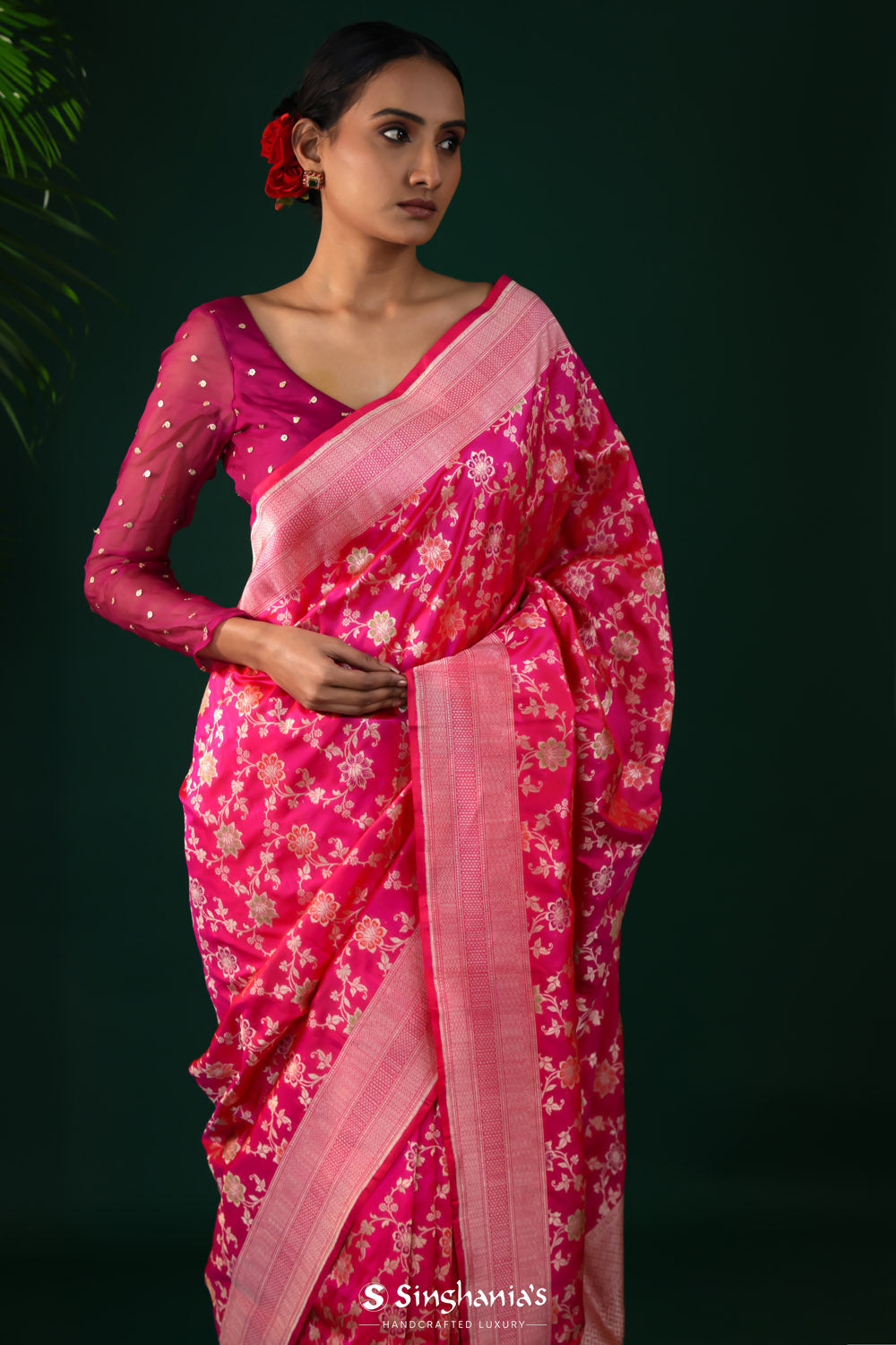 Hot Pink Banarasi Silk Saree With Vibrant Meenakari Jaal