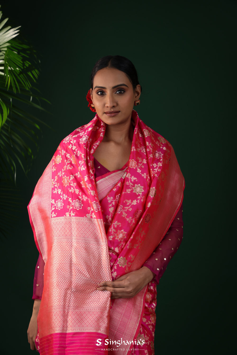 Hot Pink Banarasi Silk Saree With Vibrant Meenakari Jaal