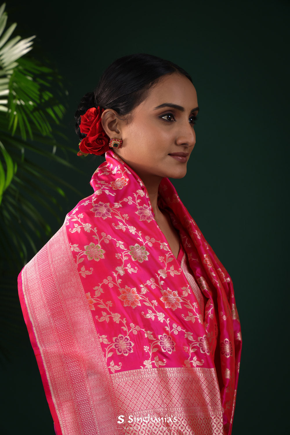 Hot Pink Banarasi Silk Saree With Vibrant Meenakari Jaal