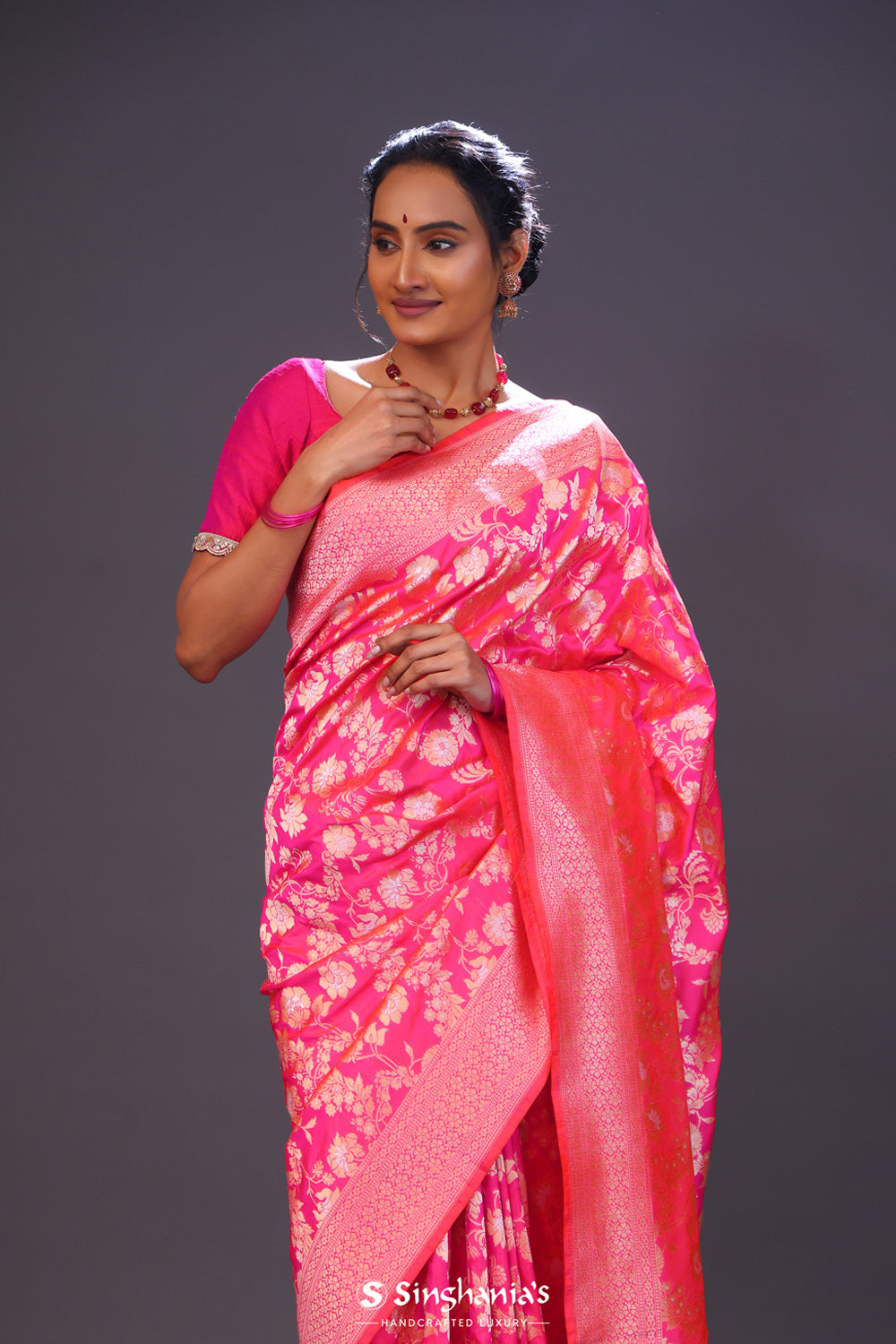 Cherry Pink Jaal Banarasi Silk Saree