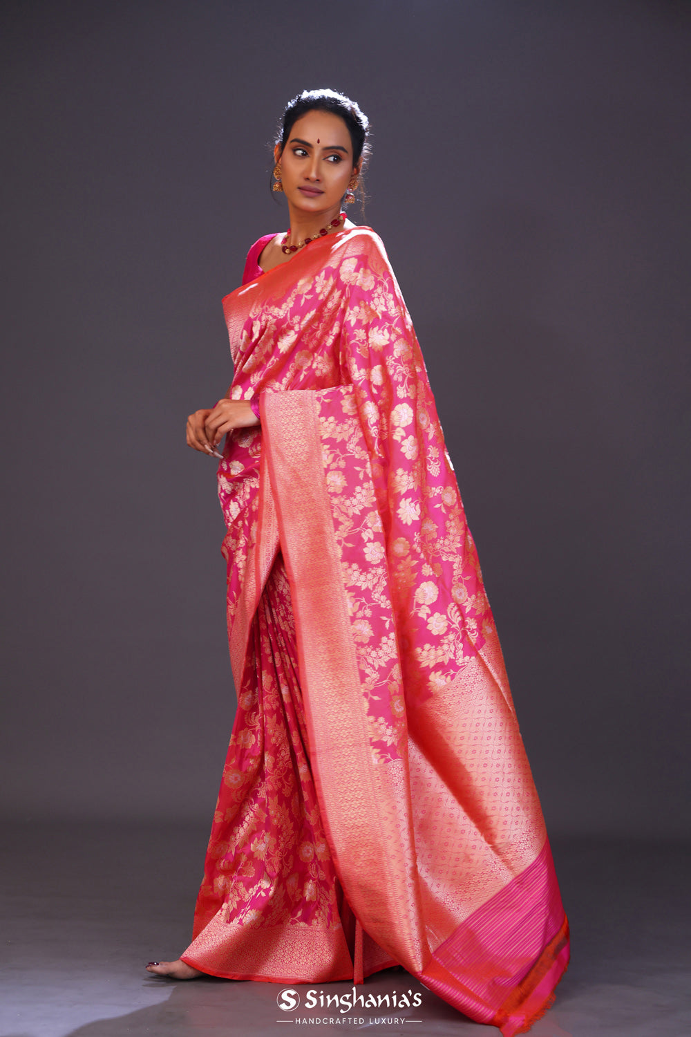 Cherry Pink Jaal Banarasi Silk Saree