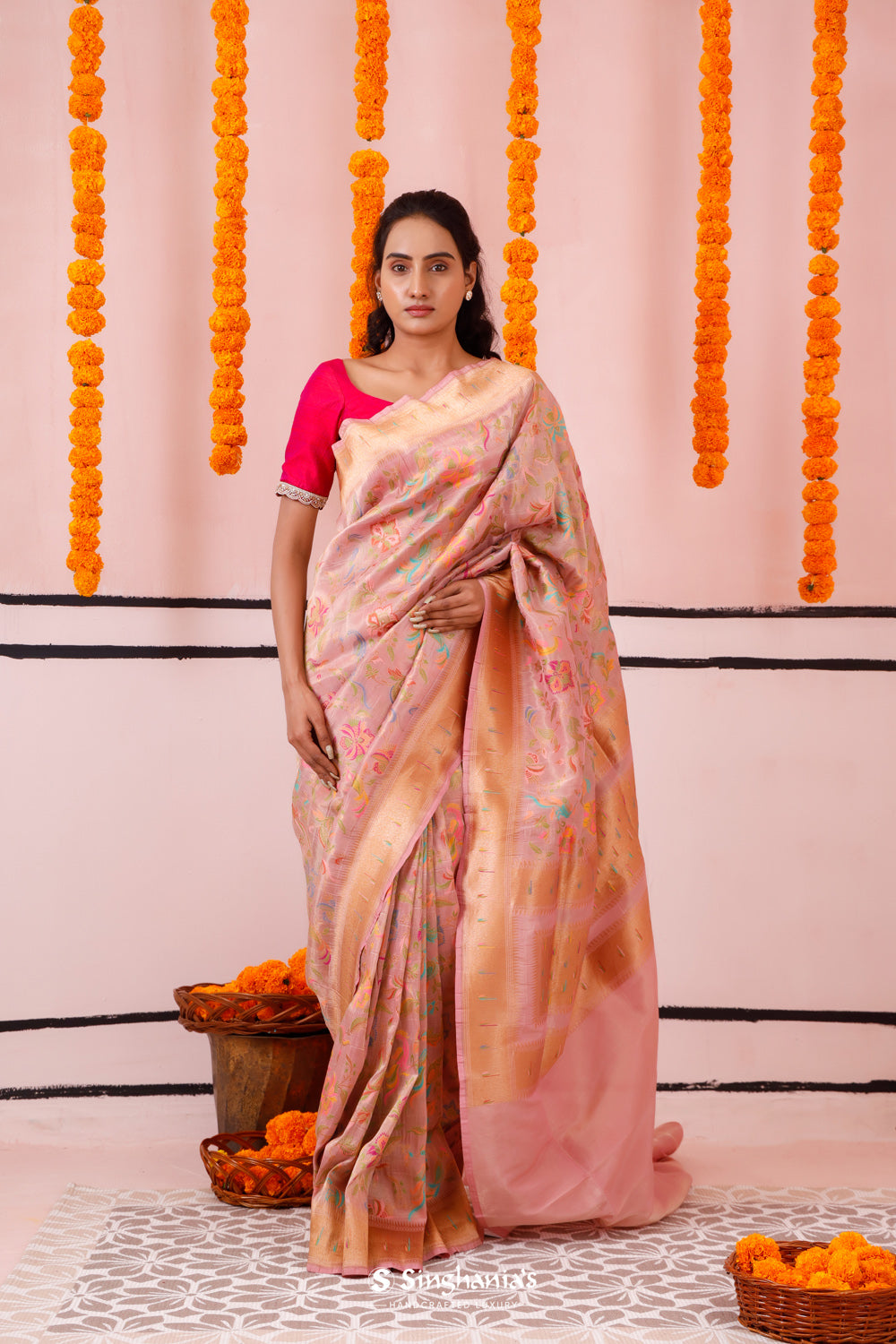 Valentine Pink Banarasi Tissue Saree With Colourful Zari Weaving