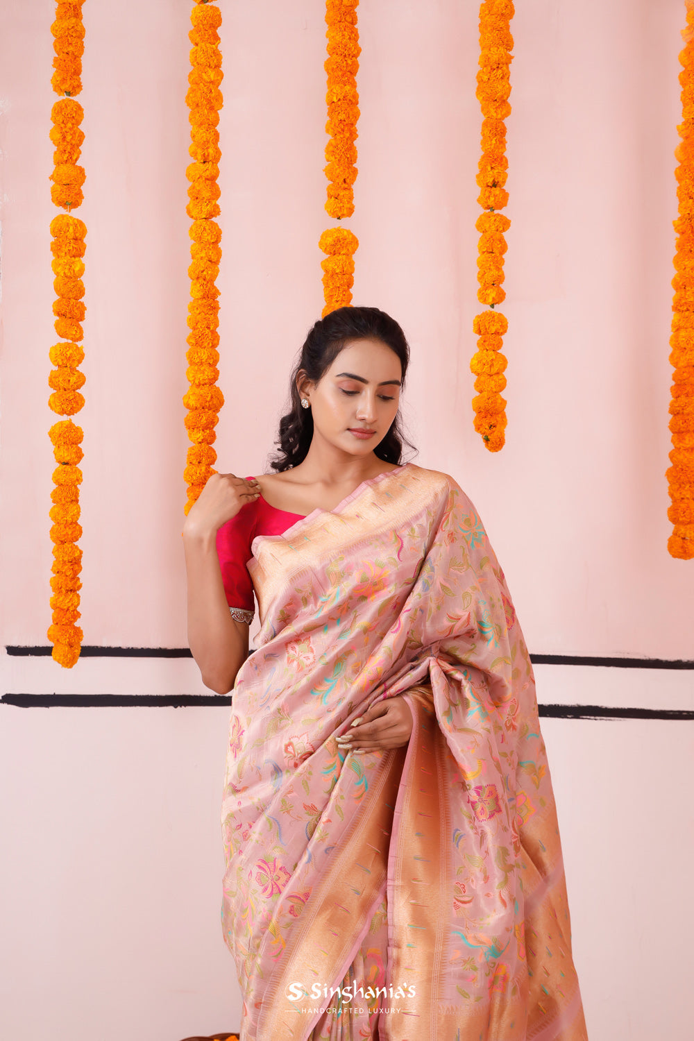 Valentine Pink Banarasi Tissue Saree With Colourful Zari Weaving