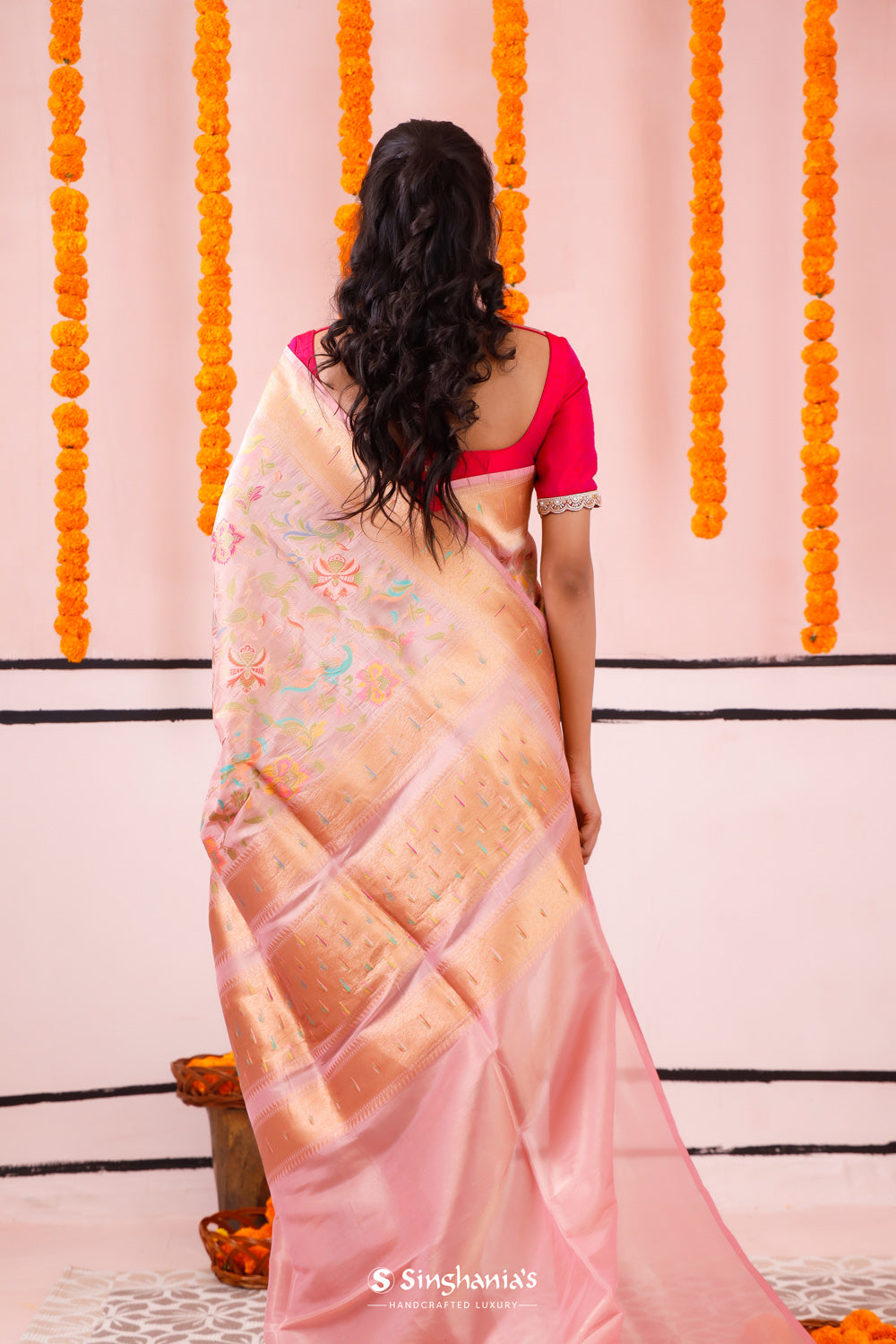 Valentine Pink Banarasi Tissue Saree With Colourful Zari Weaving