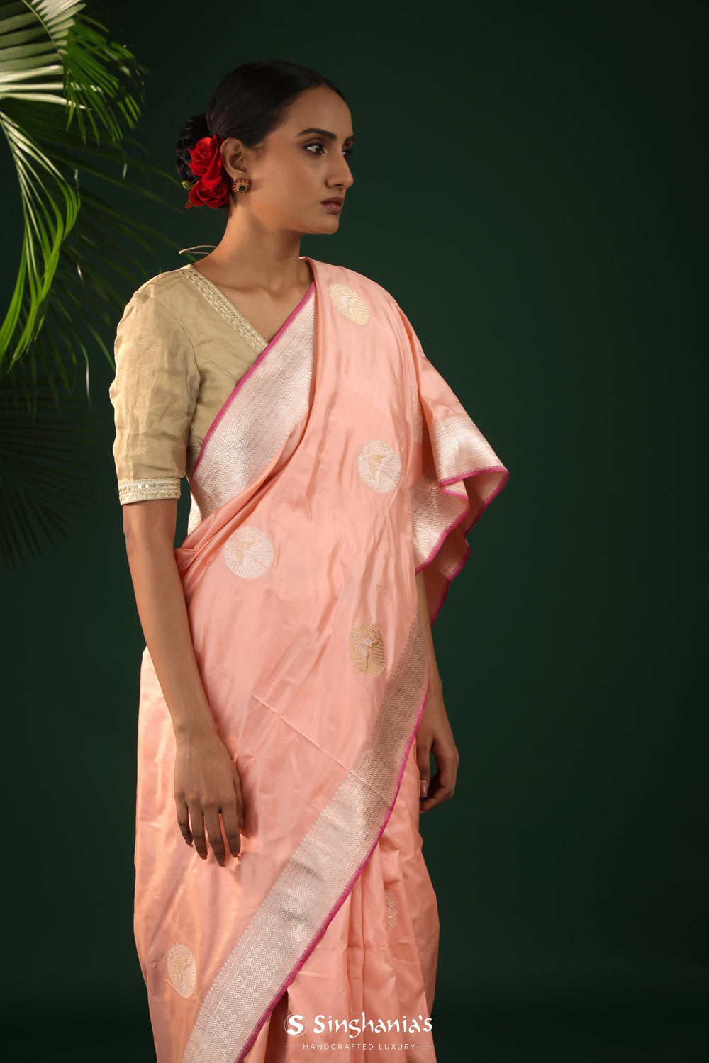 Spanish Pink Banarasi Silk Saree With Floral-Bird Buttas