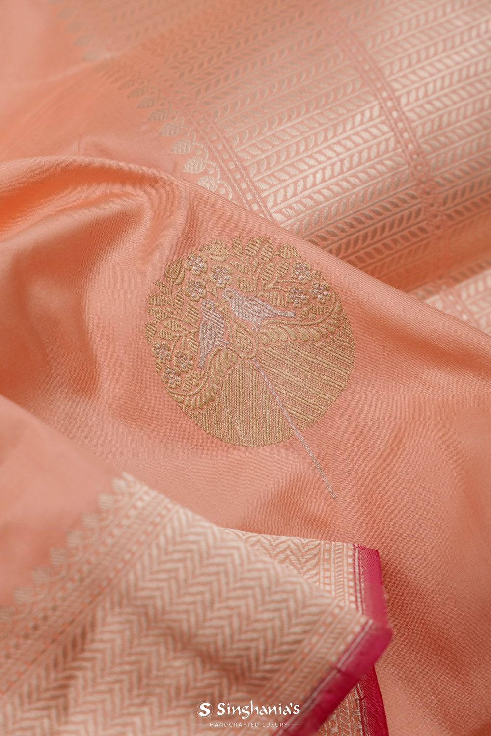 Spanish Pink Banarasi Silk Saree With Floral-Bird Buttas