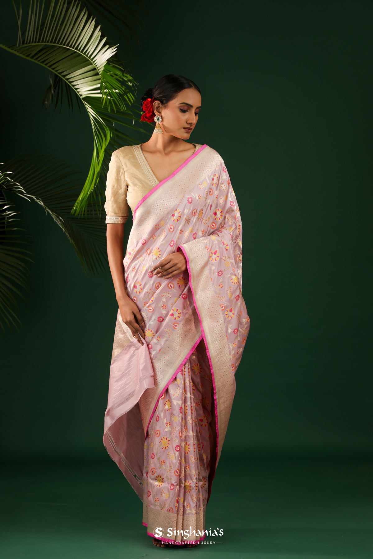 Pale Purple Banarasi Silk Saree With Geometric Weaving