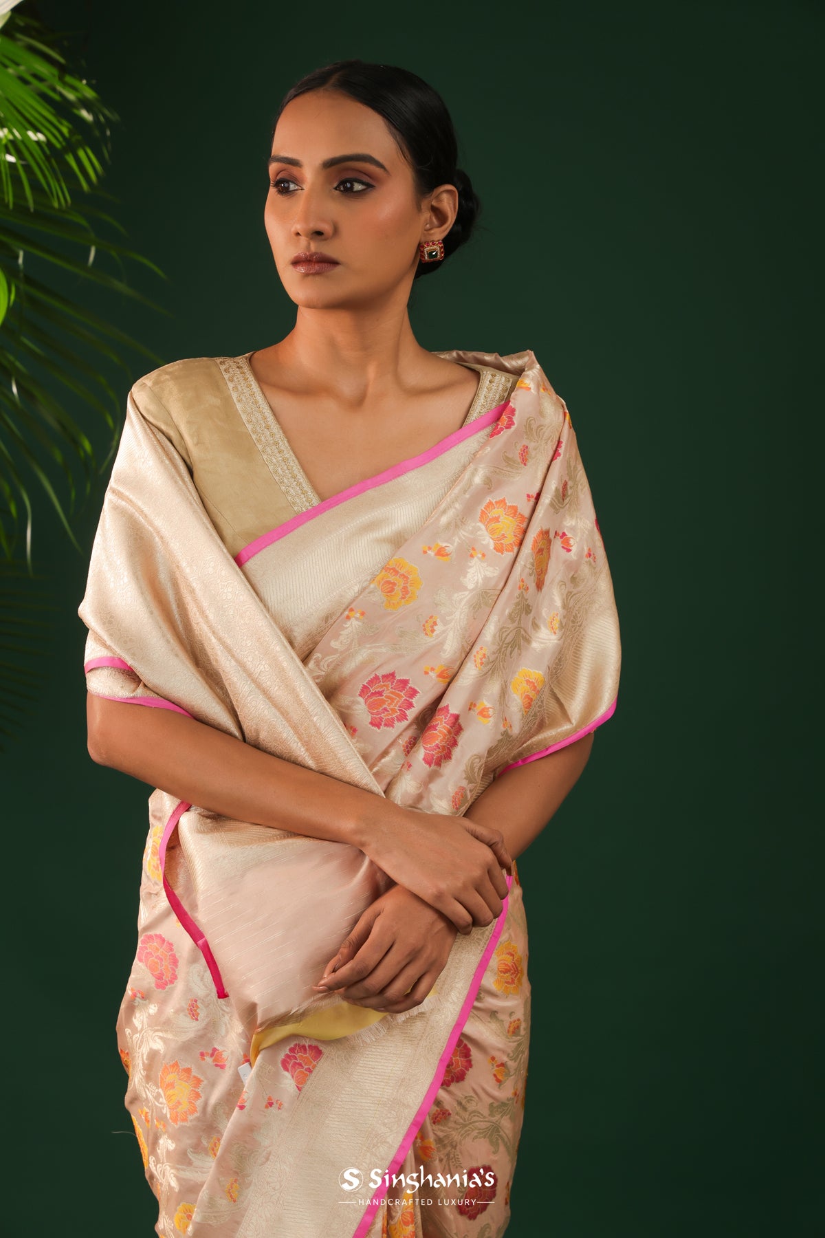 Dark Vanilla Banarasi Silk Saree With Floral Accents