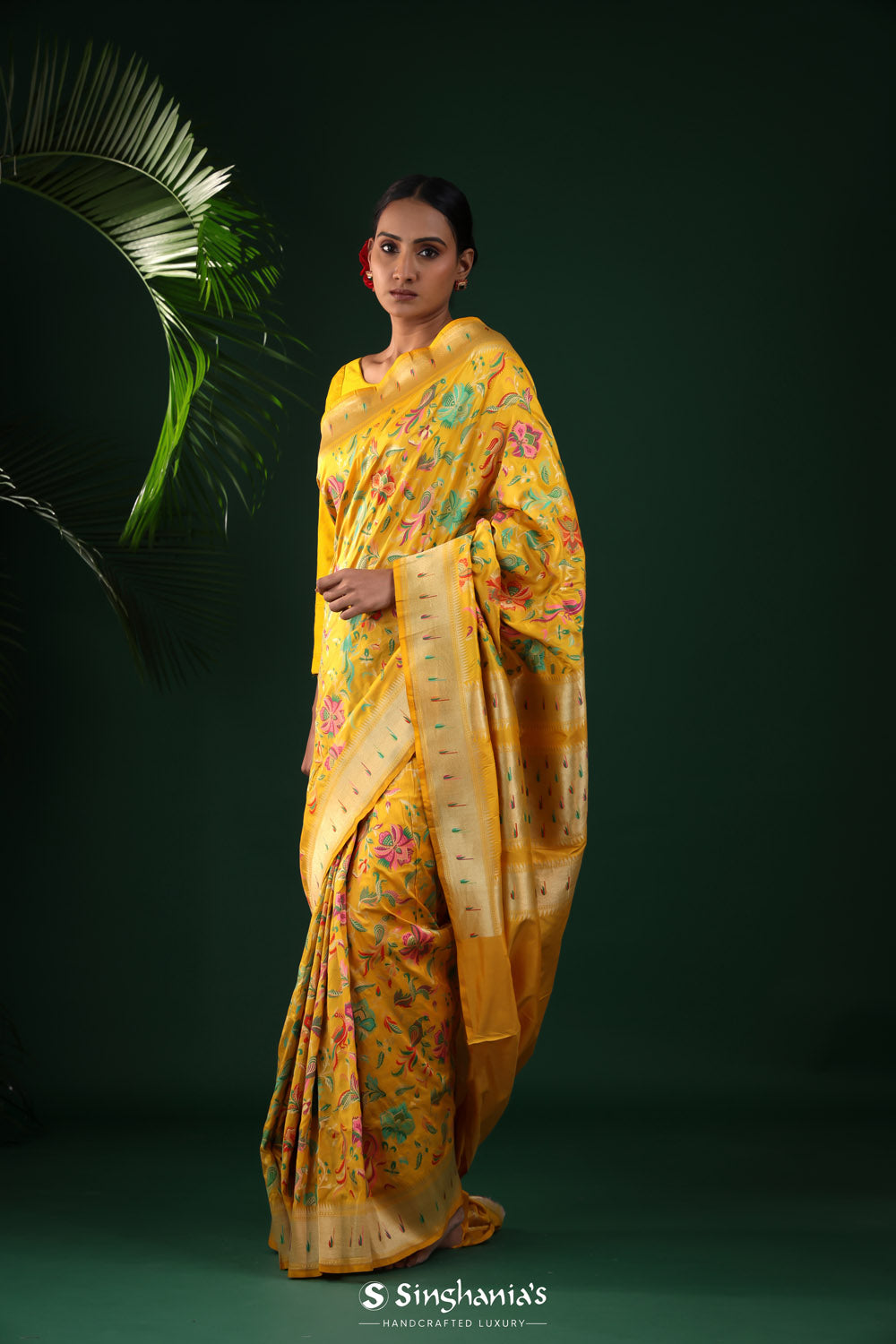 Mustard Yellow Banarasi Silk Saree With Peacock Design