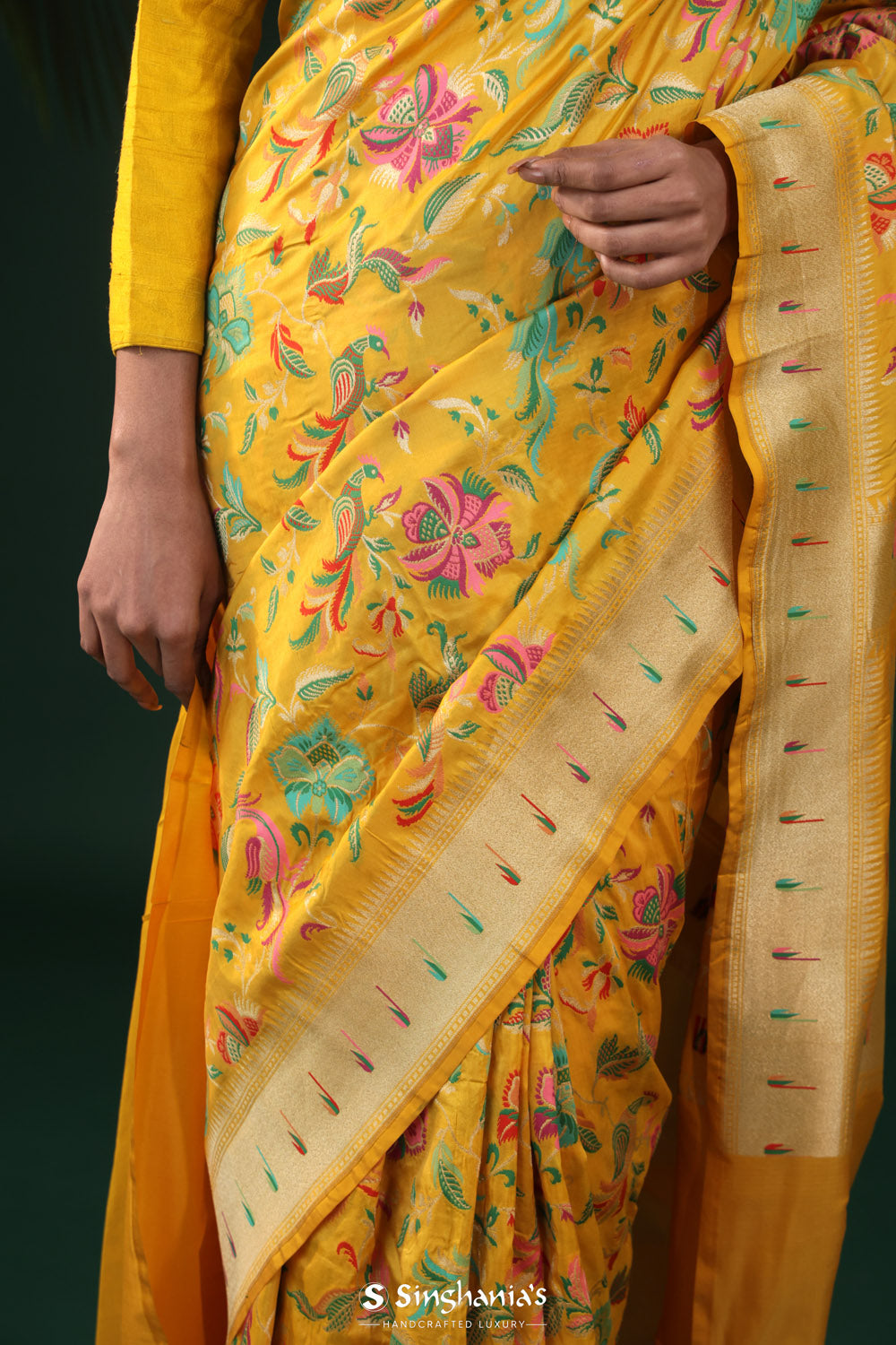 Mustard Yellow Banarasi Silk Saree With Peacock Design