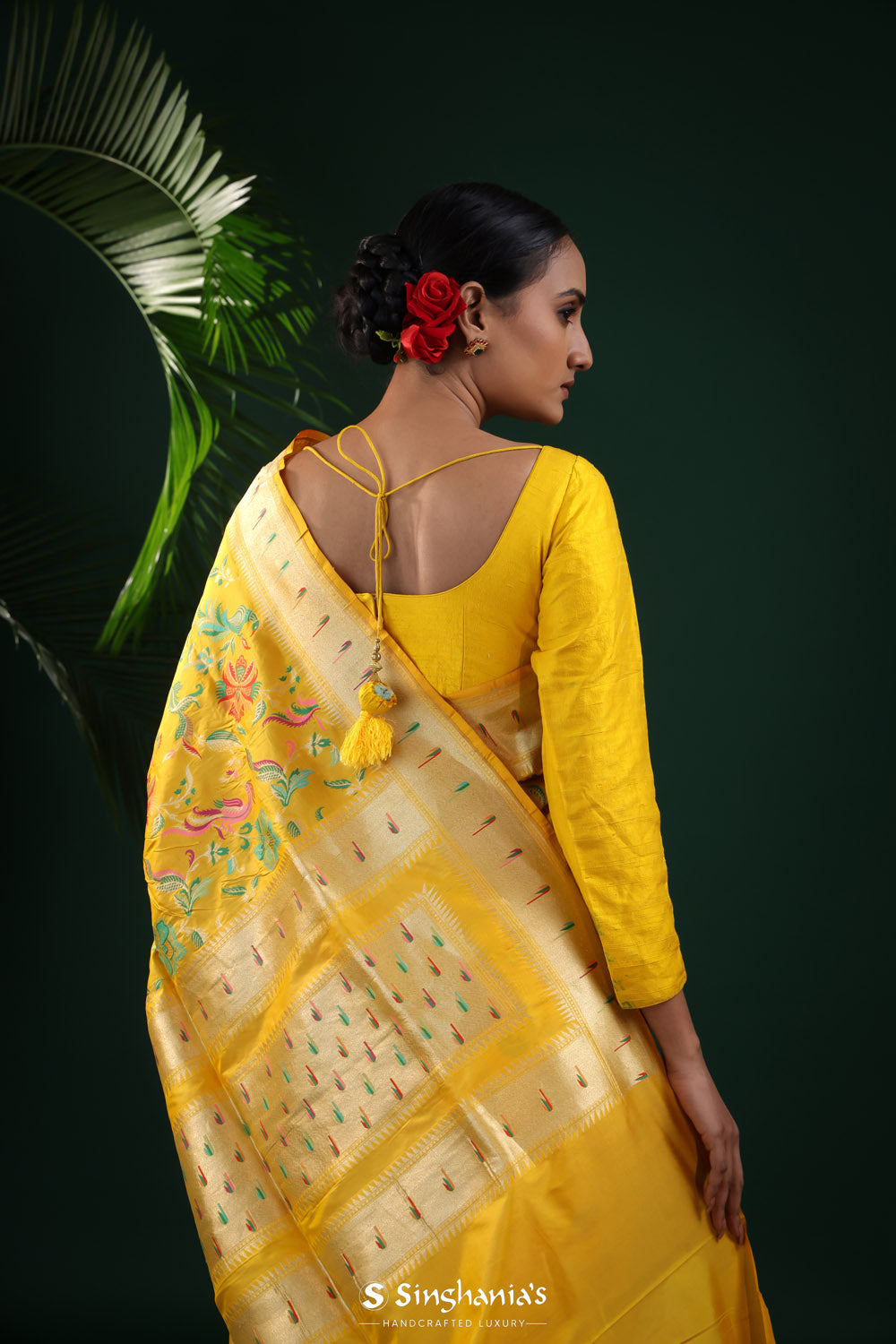 Mustard Yellow Banarasi Silk Saree With Peacock Design